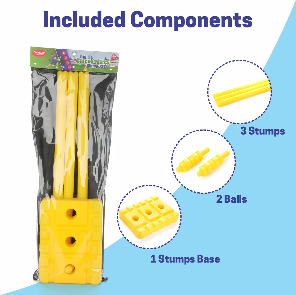Chanak Big Cricket Stumps Set for Kids 5+ Years | 3 Stumps, Stand Base & Bails – BIS Approved - Image 2