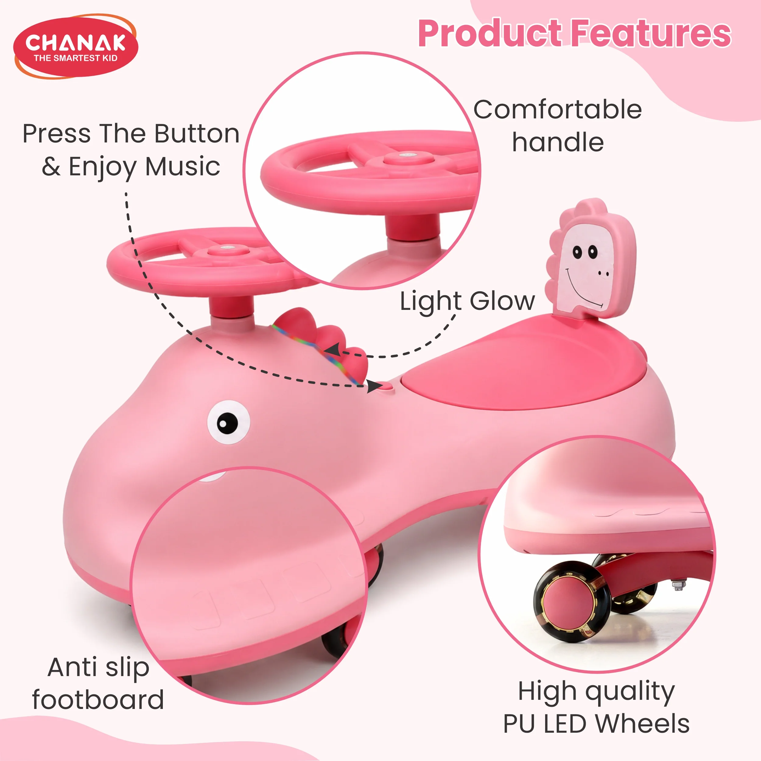 Chanak Dino Swing Ride-On Car for Kids 3+ Years | 360° Wheels, Lights & Music Animal Shape Wiggle Car – BIS Approved (Pink) - Image 4