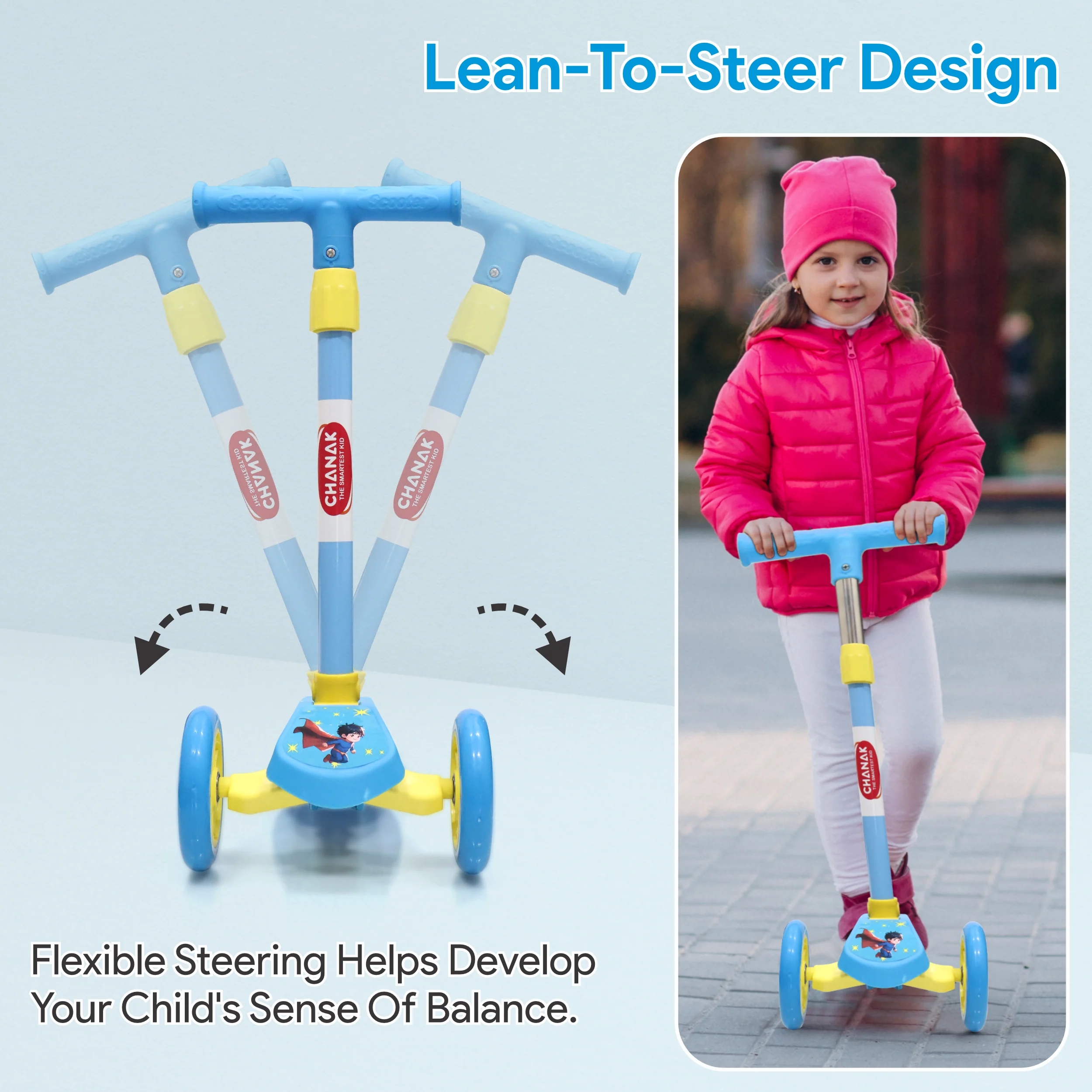 Chanak 3-Wheel Kick Scooter for Kids 5+ Years | Foldable, 4-Height Adjustable with Rear Brake – BIS Approved (Blue) - Image 6