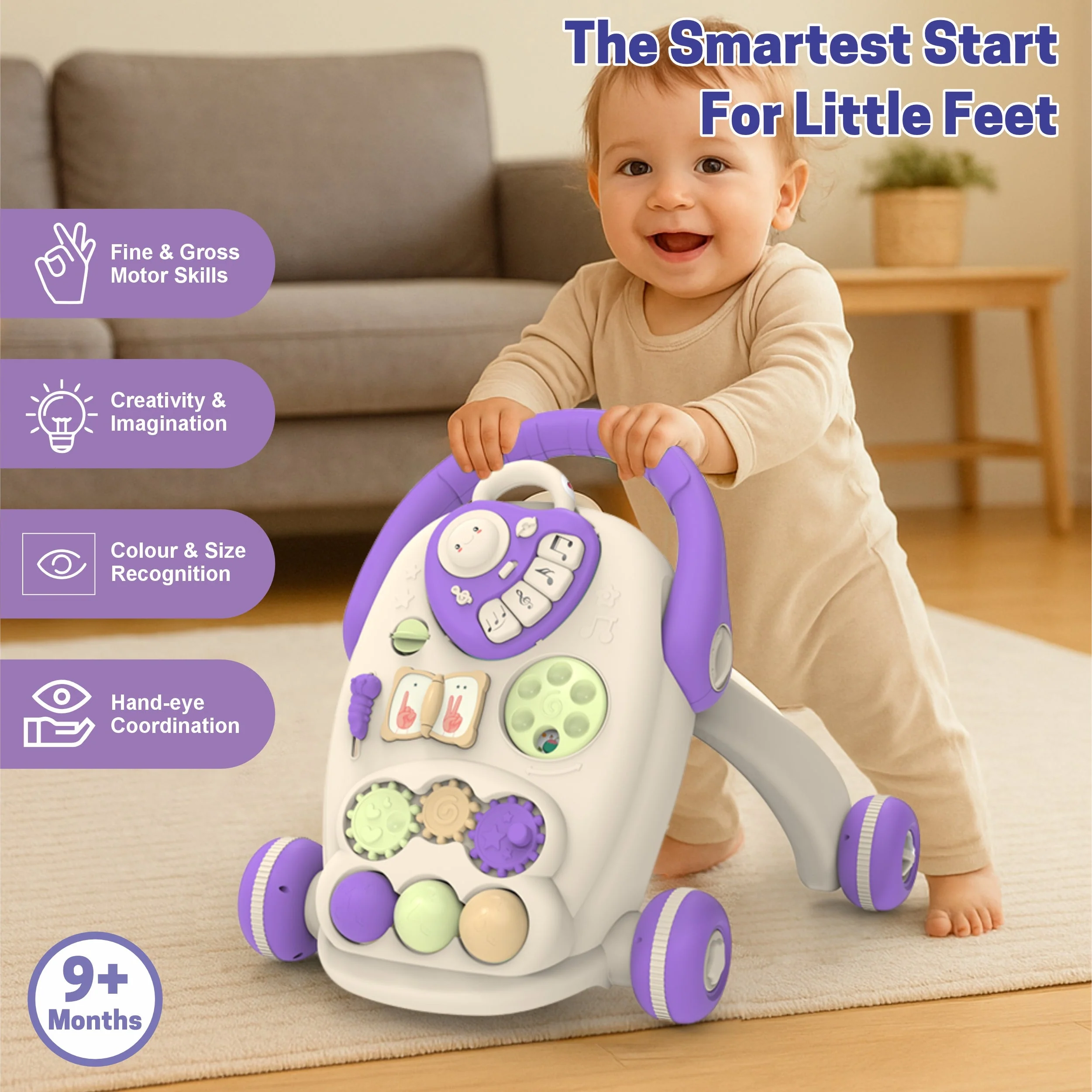 Chanak Happy Feet Baby Walker for 9+ Months | Adjustable Speed, Anti-Slip Wheels, Music & Activity Centre – BIS Approved (Purple) - Image 4