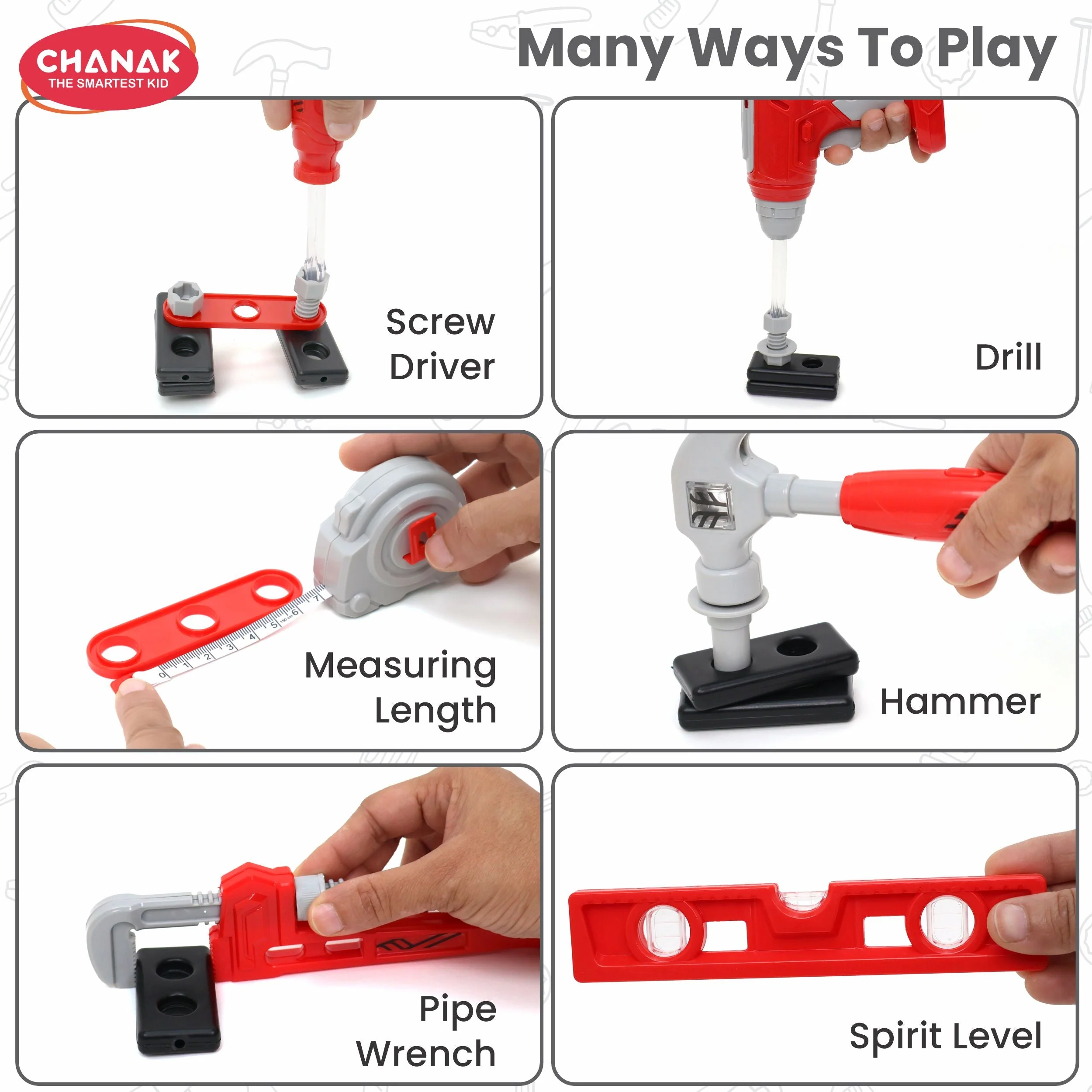Chanak Mechanical Tool Kit for Kids 3+ Years | 24 Pc LED Instrument Set with Wheel Briefcase – BIS Approved (Red) - Image 4