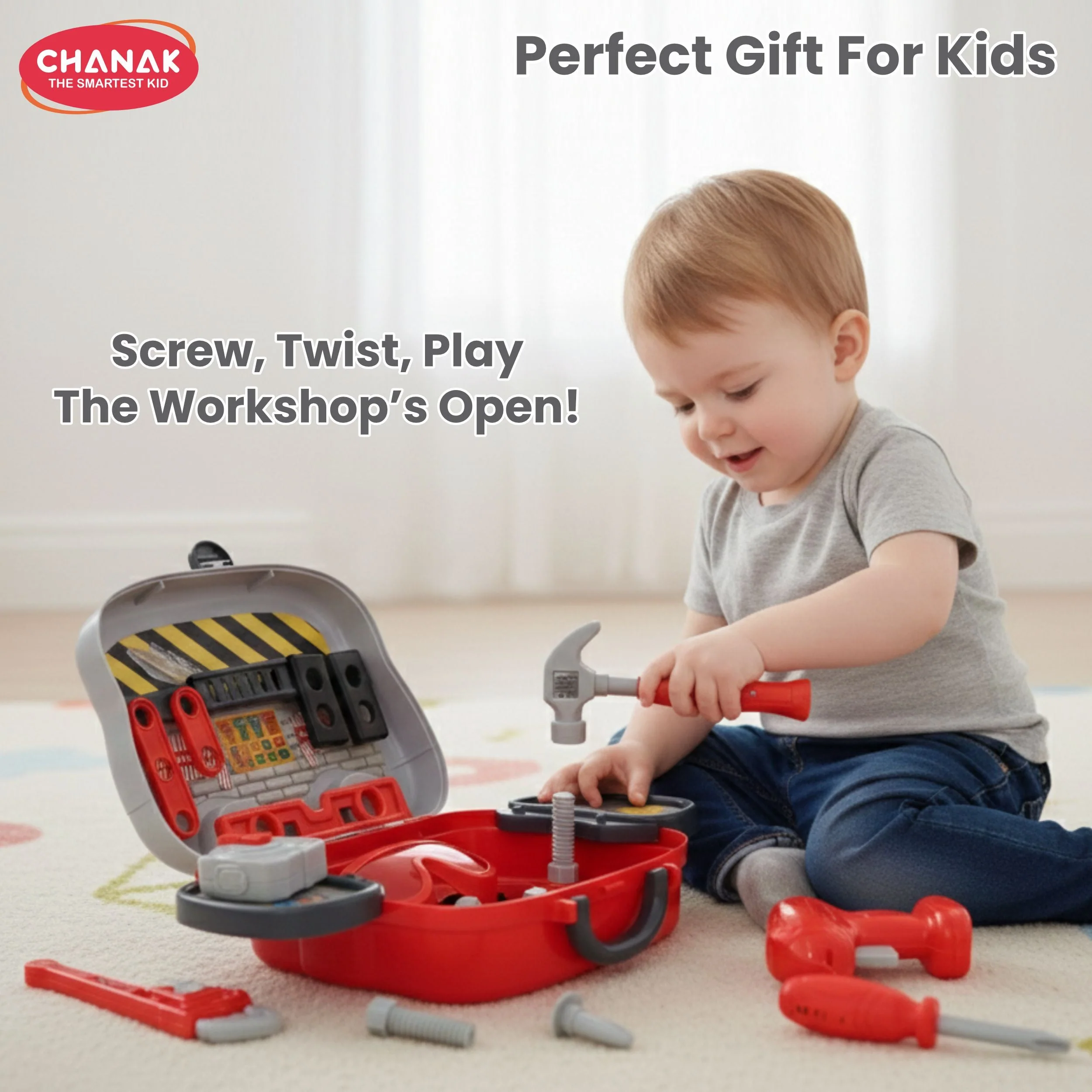 Chanak Mechanical Tool Kit for Kids 3+ Years | 24 Pc LED Instrument Set with Wheel Briefcase – BIS Approved (Red) - Image 8