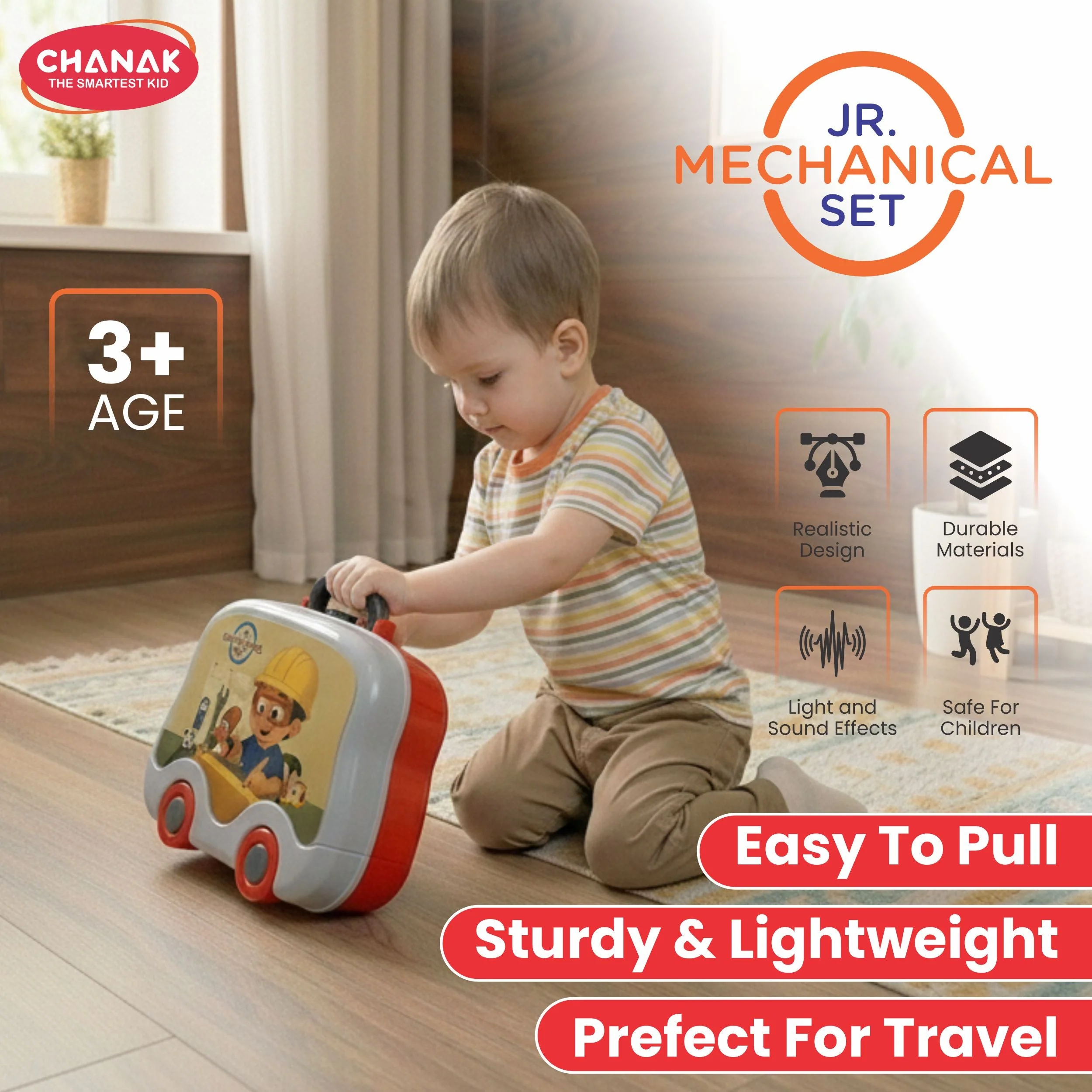 Chanak Mechanical Tool Kit for Kids 3+ Years | 24 Pc LED Instrument Set with Wheel Briefcase – BIS Approved (Red) - Image 9