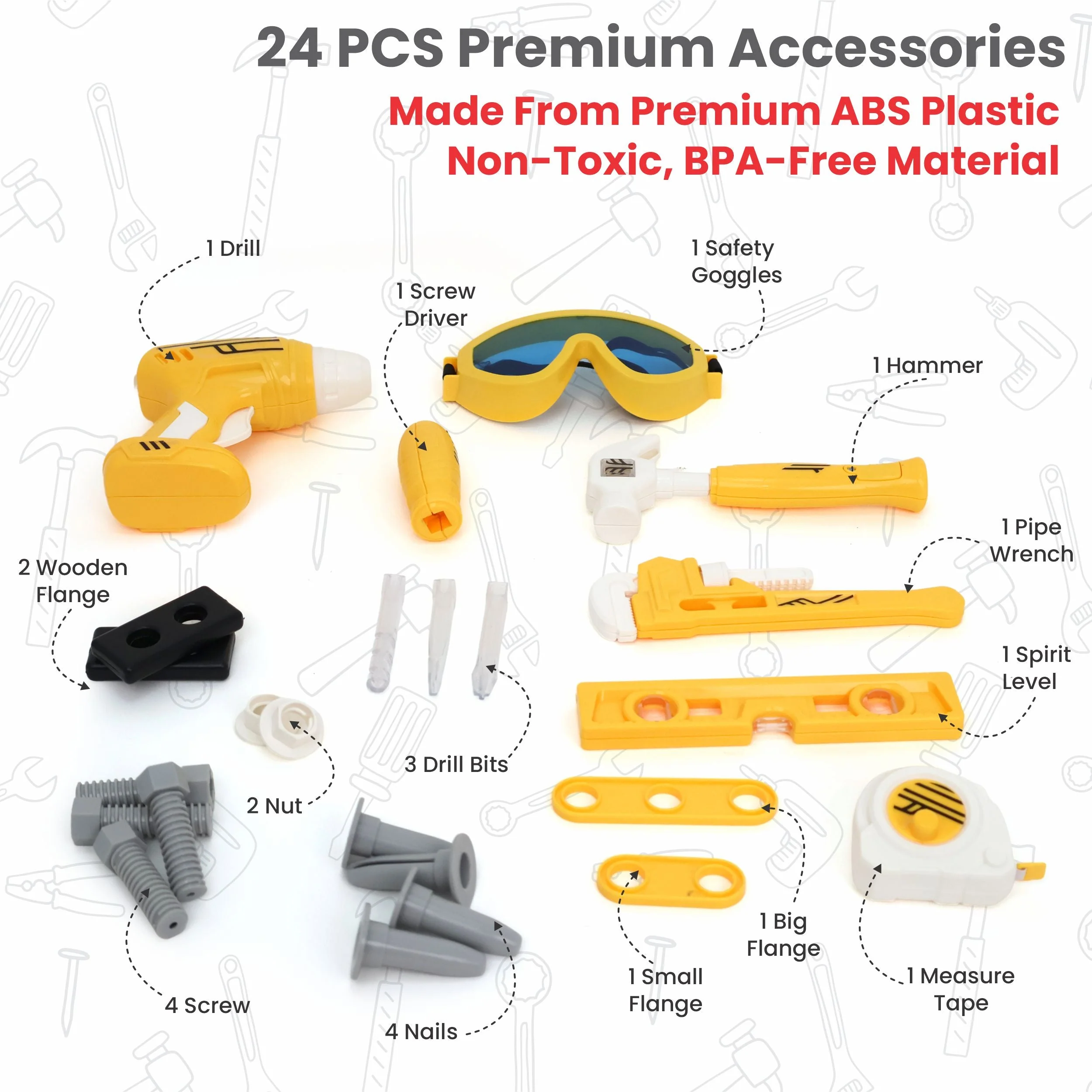Chanak Mechanical Tool Kit for Kids 3+ Years | 24 Pc LED Instrument Set with Wheel Briefcase – BIS Approved (Yellow) - Image 3