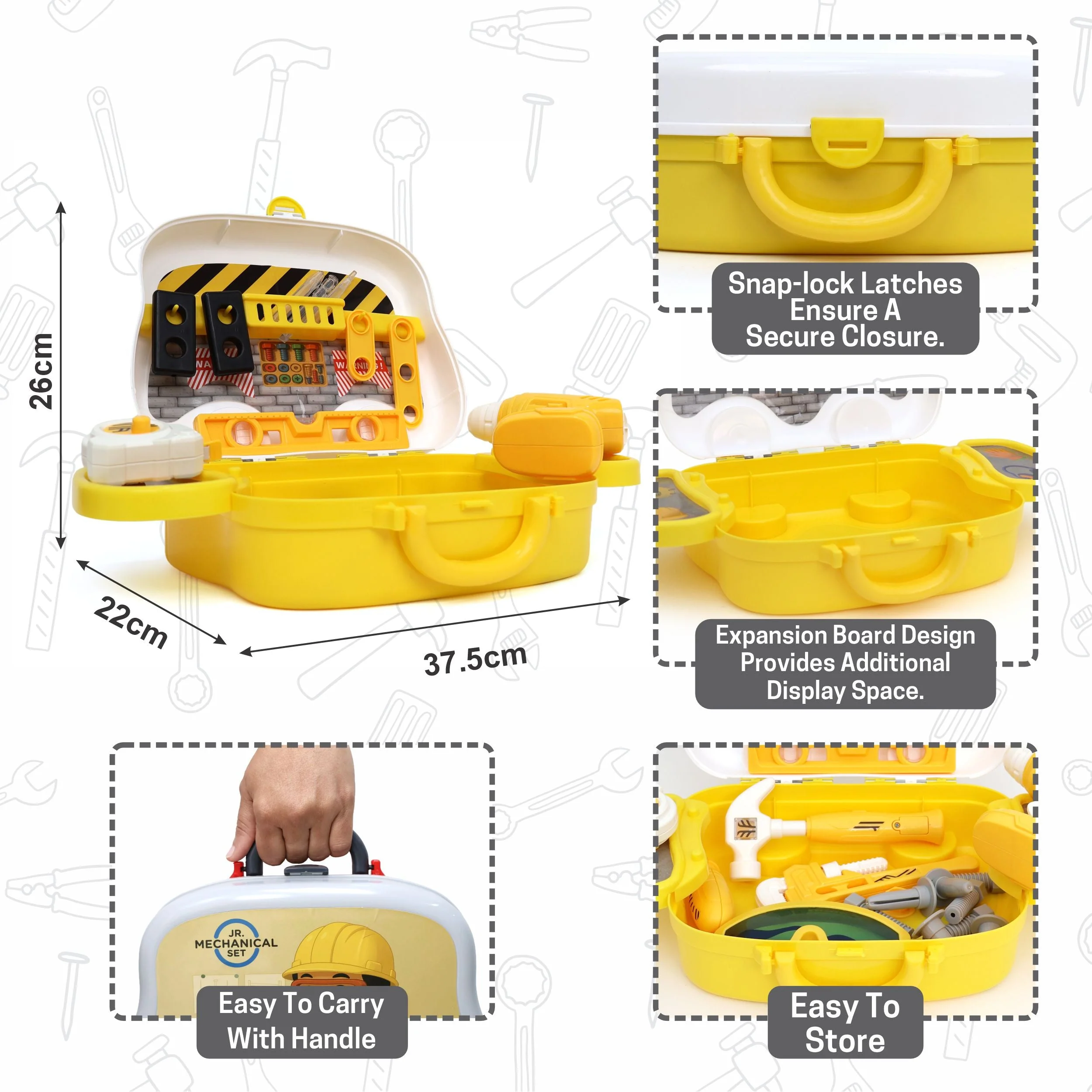 Chanak Mechanical Tool Kit for Kids 3+ Years | 24 Pc LED Instrument Set with Wheel Briefcase – BIS Approved (Yellow) - Image 5
