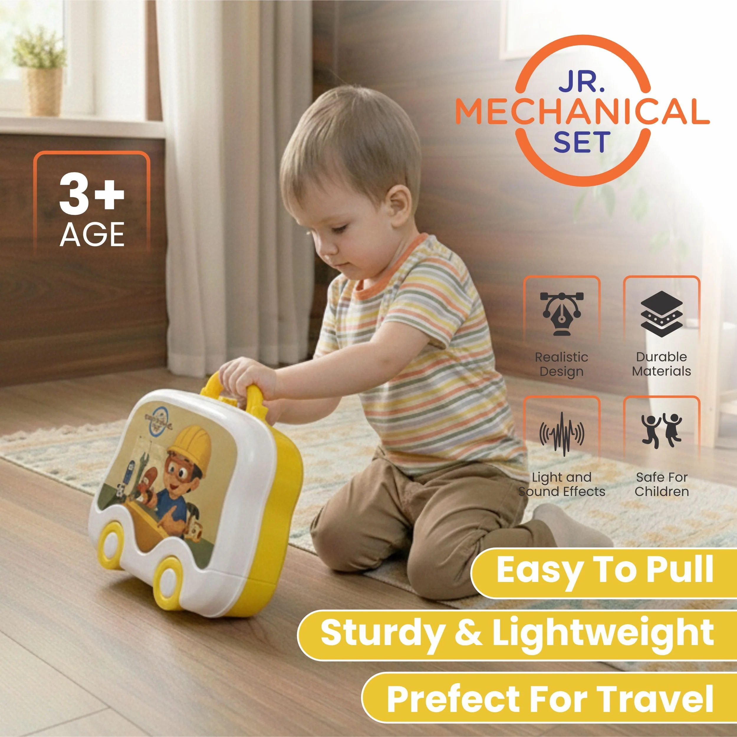 Chanak Mechanical Tool Kit for Kids 3+ Years | 24 Pc LED Instrument Set with Wheel Briefcase – BIS Approved (Yellow) - Image 8