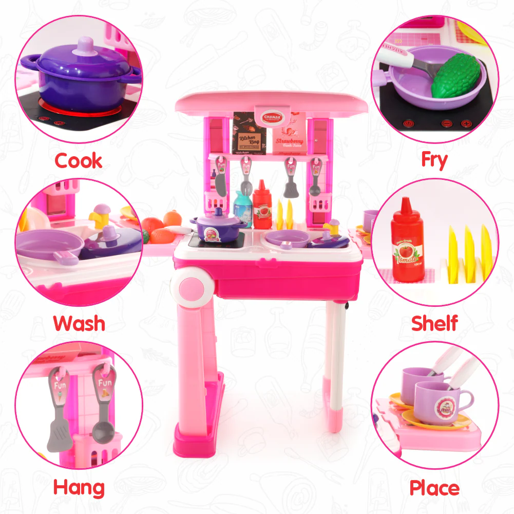 Chanak Kitchen Playset for Kids 3+ Years | 24 Pcs Pretend Play Cooking Set with Trolley on Wheels – BIS Approved - Image 7
