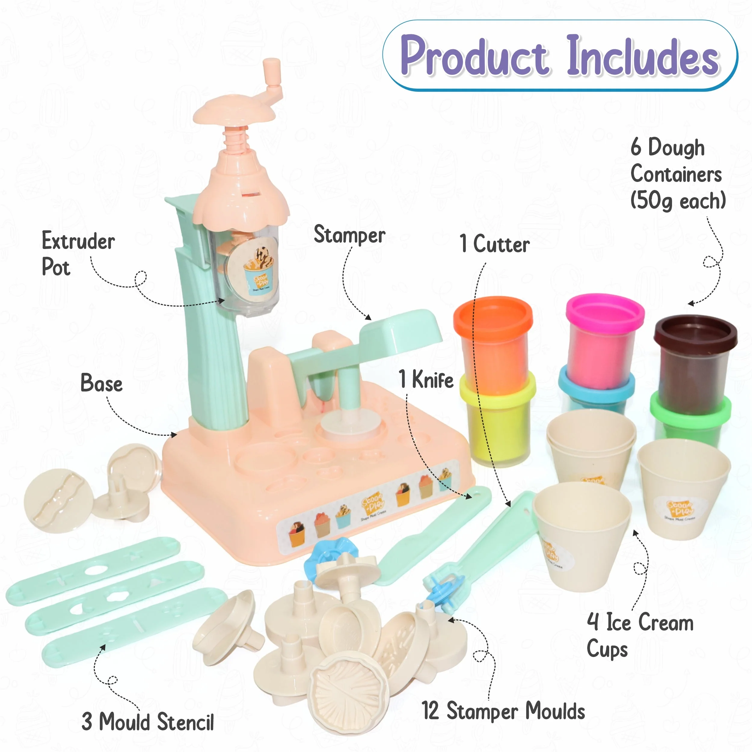 Chanak Play Dough Ice Cream Maker Set for Kids 3+ Years | 6 Colour Non-Toxic Dough Tubes 50g Each – BIS Approved (Ivory) - Image 6