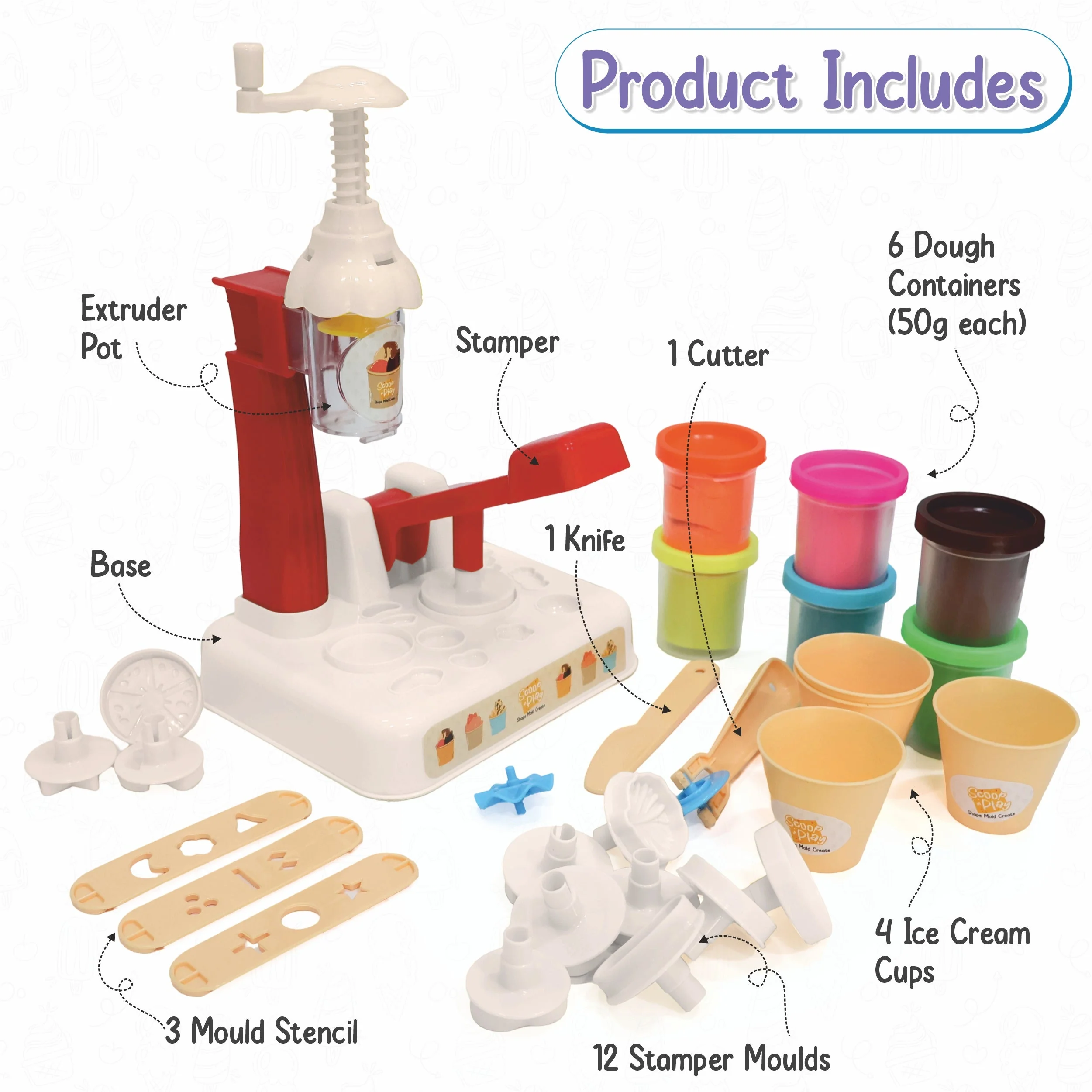 Chanak Play Dough Ice Cream Maker Set for Kids 3+ Years | 6 Colour Non-Toxic Dough Tubes 50g Each – BIS Approved (White) - Image 6