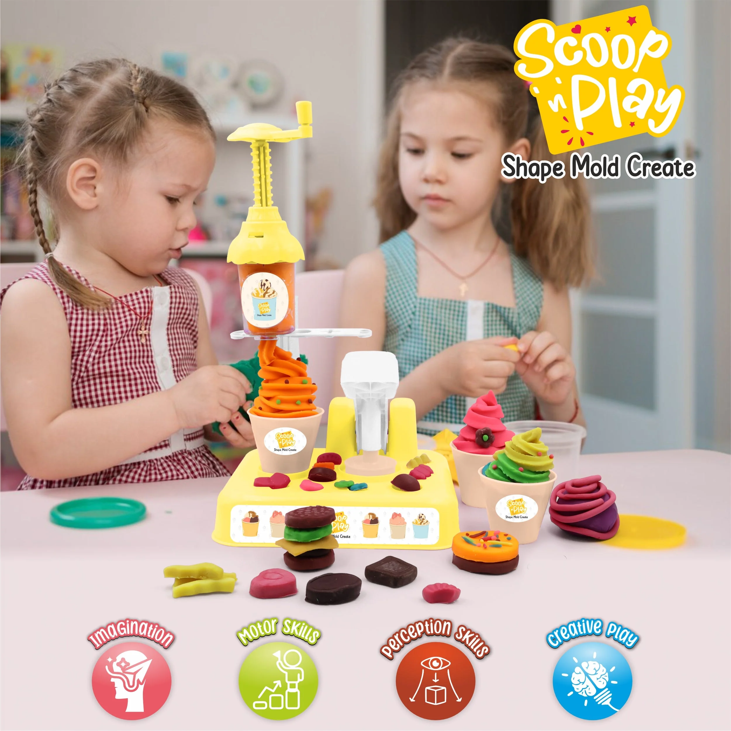 Chanak Play Dough Ice Cream Maker Set for Kids 3+ Years | 6 Colour Non-Toxic Dough Tubes 50g Each – BIS Approved (Yellow) - Image 7