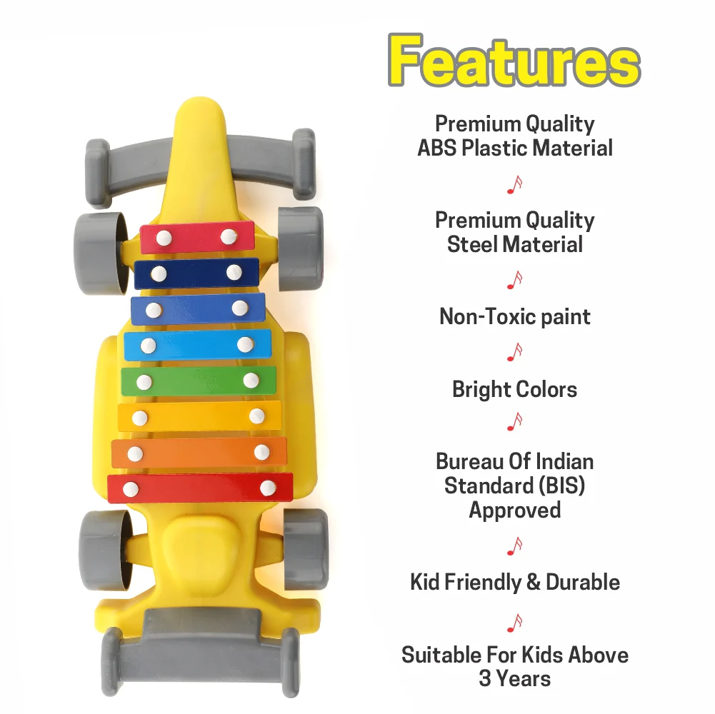 Chanak Car Xylophone Toy for Kids 3+ Years | 8 Metal Nodes Musical Car – BIS Approved (Yellow) - Image 7