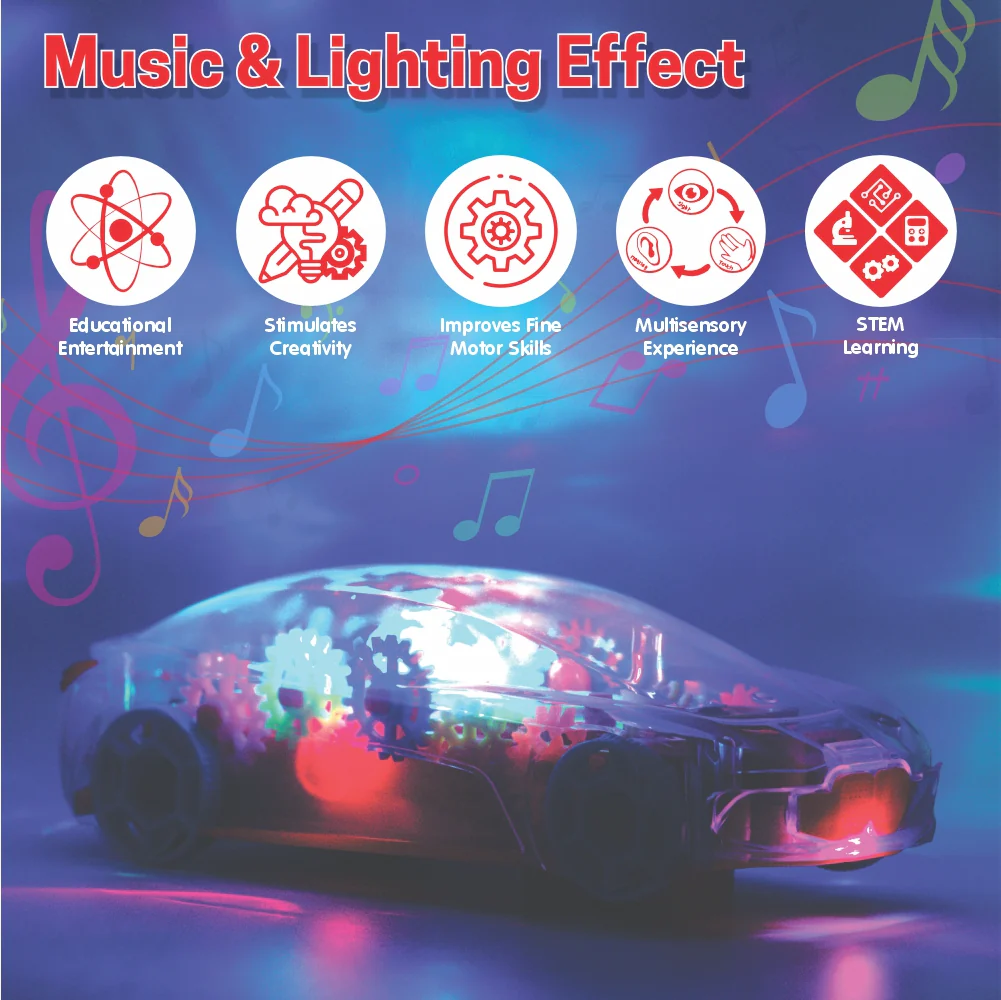 Chanak Transparent Gear Car Toy for Kids 3+ Years | 360° Rotation with Music & Lights – BIS Approved (Red) - Image 6