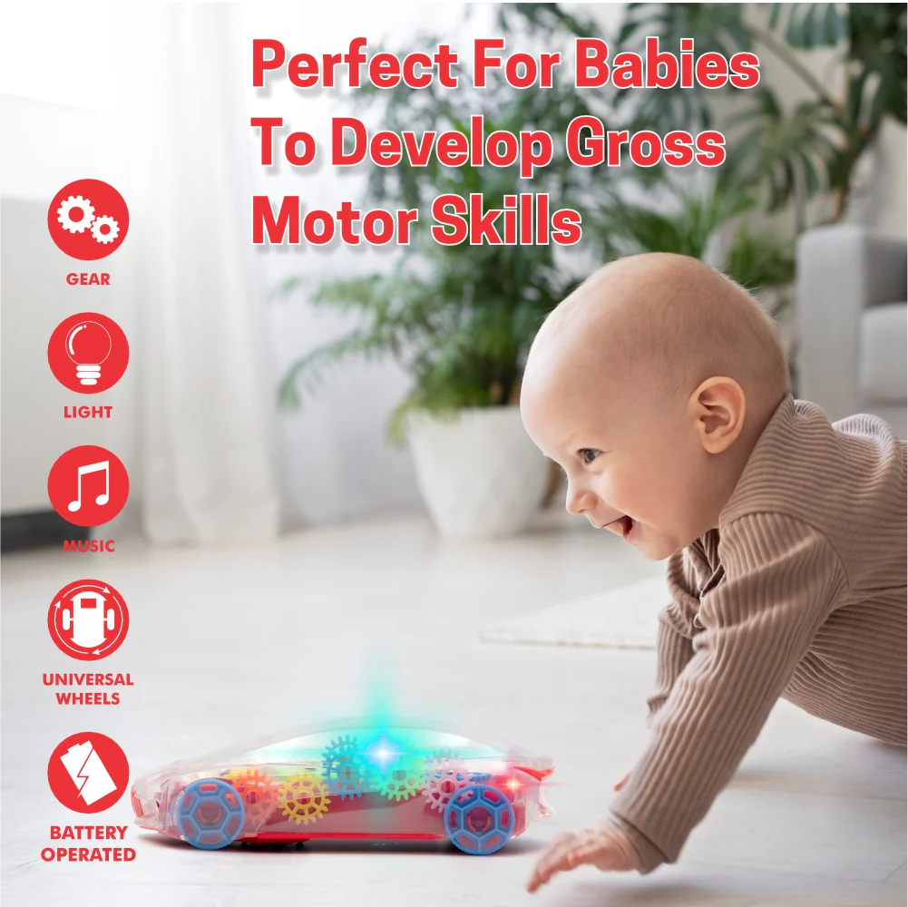 Chanak Transparent Gear Car Toy for Kids 3+ Years | 360° Rotation with Music & Lights – BIS Approved (Red) - Image 7