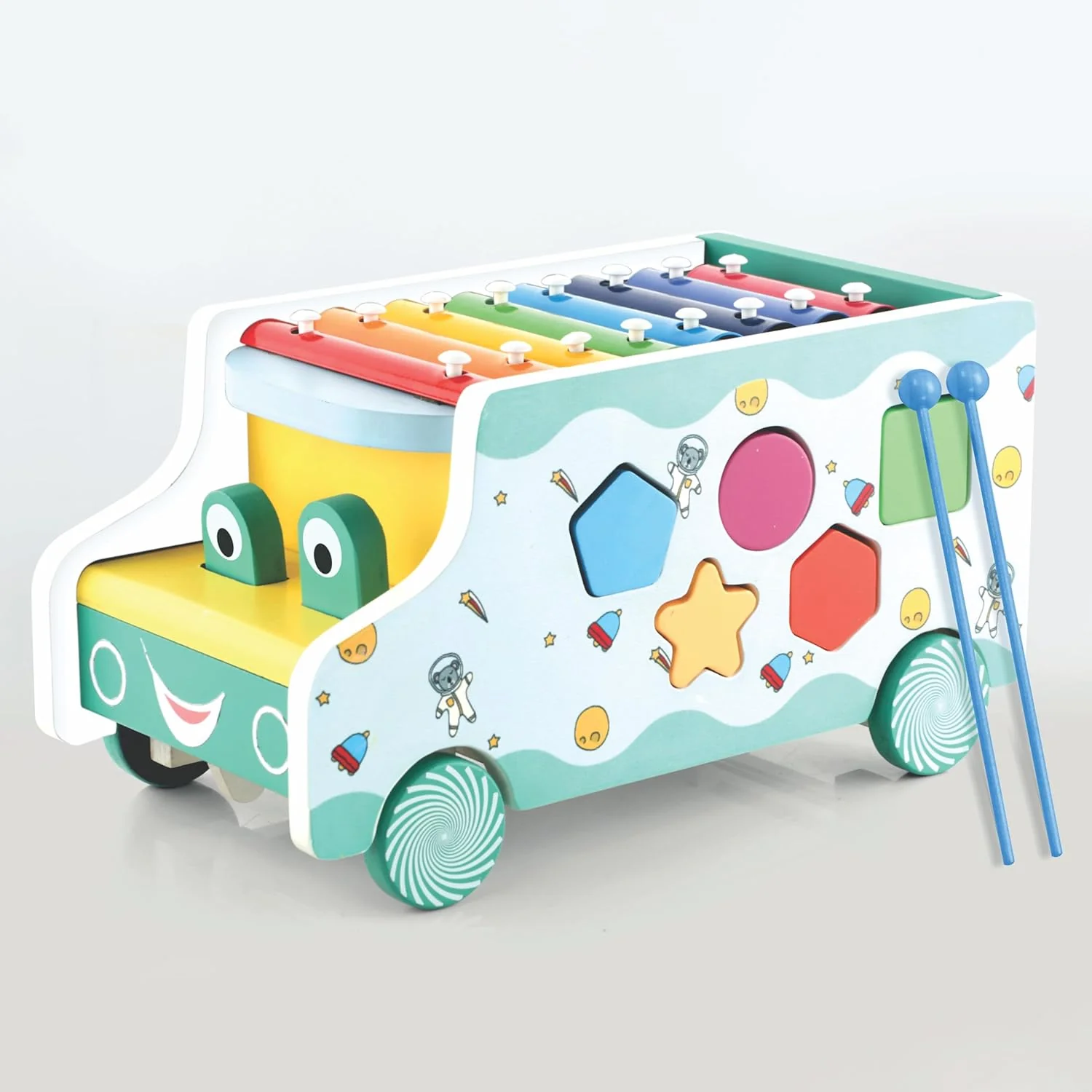 Chanak Wooden Activity Bus for Kids 3+ Years | 6-in-1 Montessori Musical Shape Sorter Toy – BIS Approved - Image 7