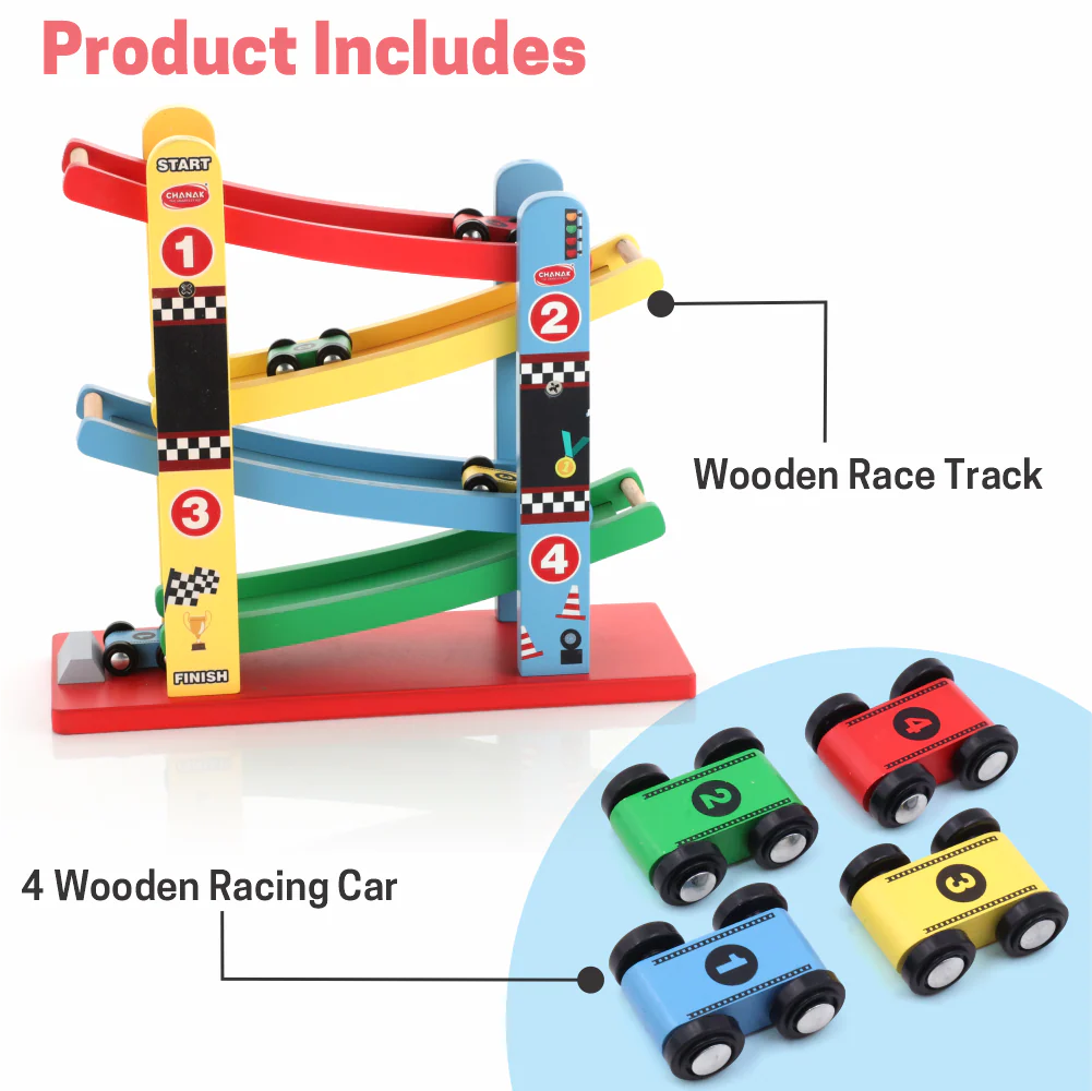 Chanak Wooden Ramp Racer Toy for Kids 3+ Years | 4 Mini Cars with Multilevel Twisting Track – BIS Approved - Image 3