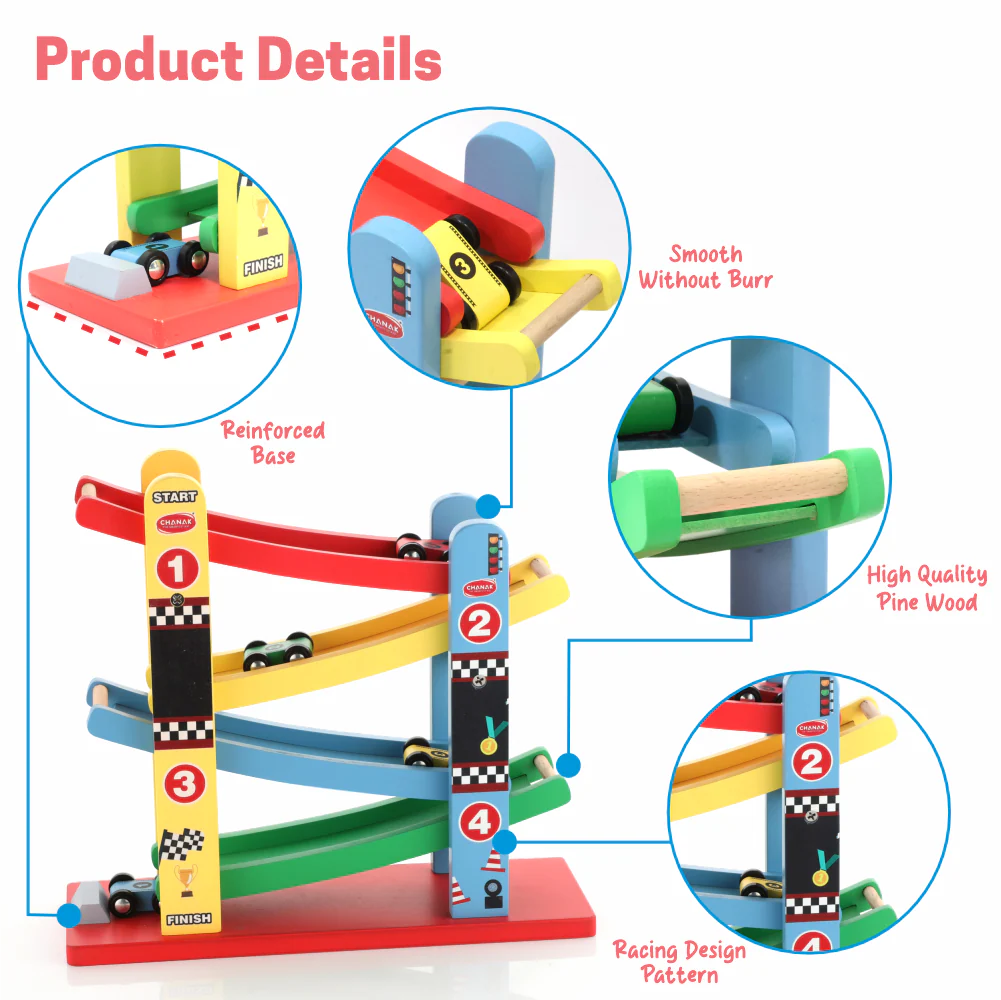 Chanak Wooden Ramp Racer Toy for Kids 3+ Years | 4 Mini Cars with Multilevel Twisting Track – BIS Approved - Image 5