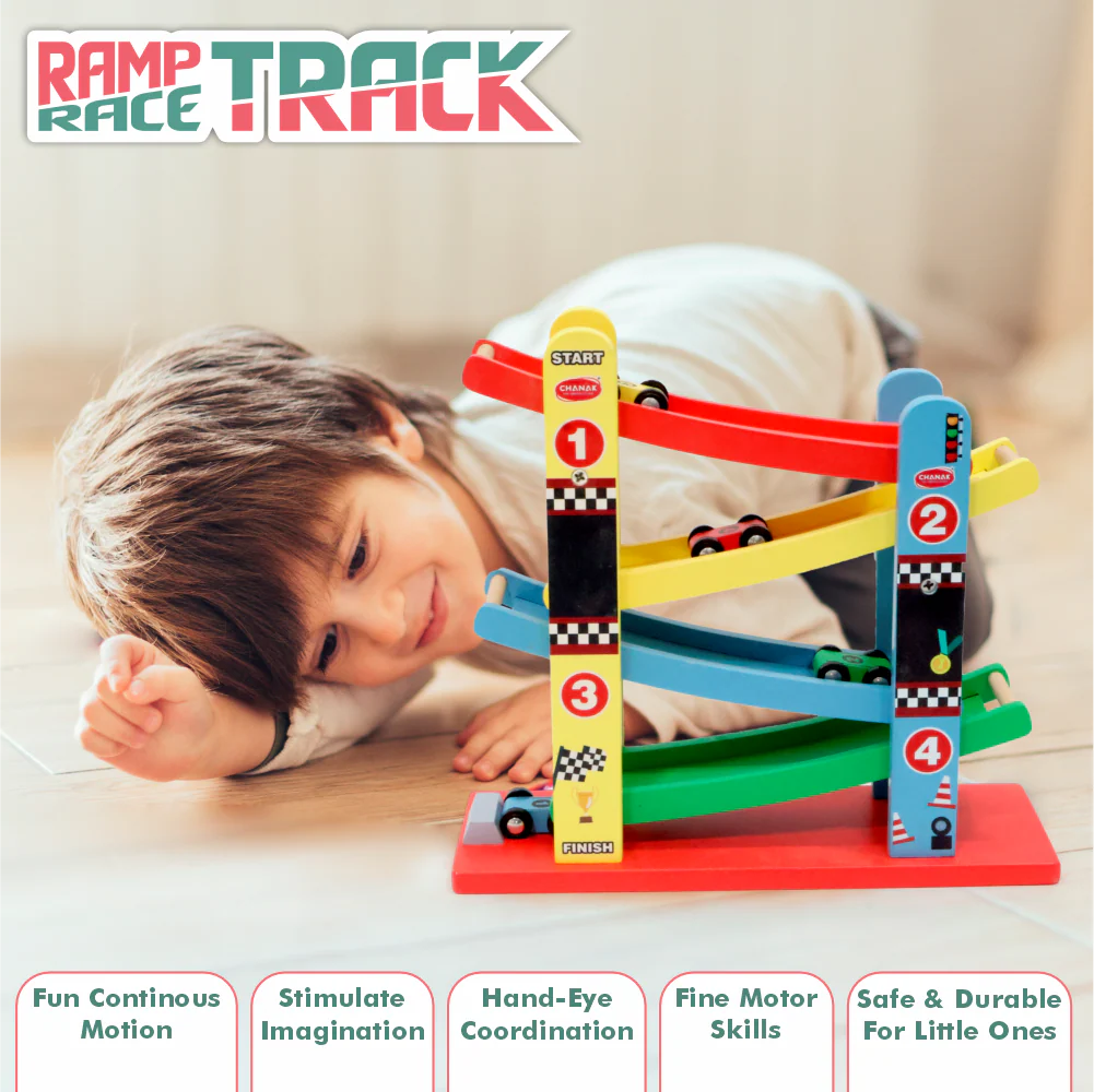 Chanak Wooden Ramp Racer Toy for Kids 3+ Years | 4 Mini Cars with Multilevel Twisting Track – BIS Approved - Image 7