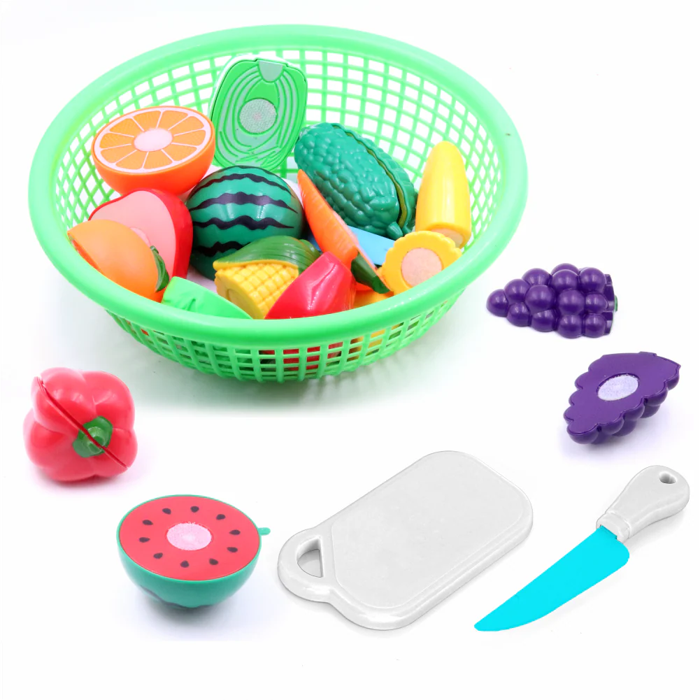 Chanak Fruit & Vegetable Cutting Toy Set for Kids | Combo Basket with Chopper Board & Knife – BIS Approved (Green)