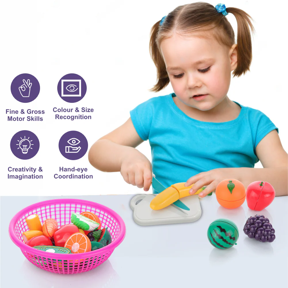 Chanak Fruit & Vegetable Cutting Toy Set for Kids | Combo Basket with Chopper Board & Knife – BIS Approved (Pink) - Image 6