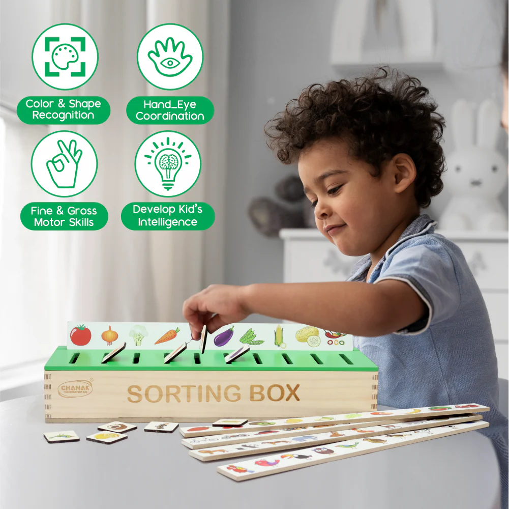 Chanak Wooden Sorting Box for Kids 1+ Year | 55 Pcs Montessori Animals, Fruits & Vegetables Matching Puzzle – BIS Approved - Image 6