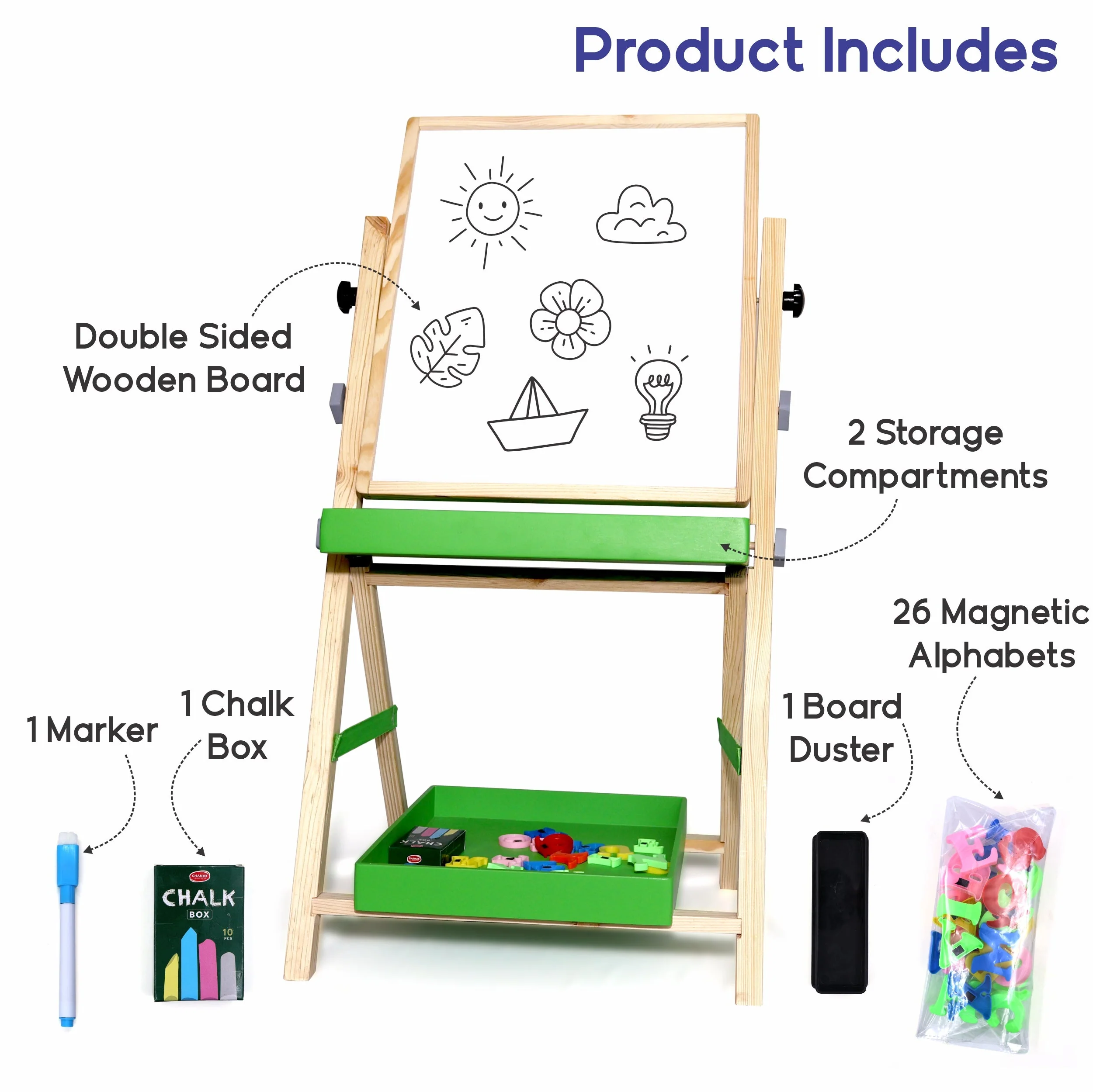 Chanak 2-in-1 Wooden Easel Board for Kids 3+ Years | Magnetic Whiteboard & Chalkboard with Alphabets & Numbers – BIS Approved - Image 3