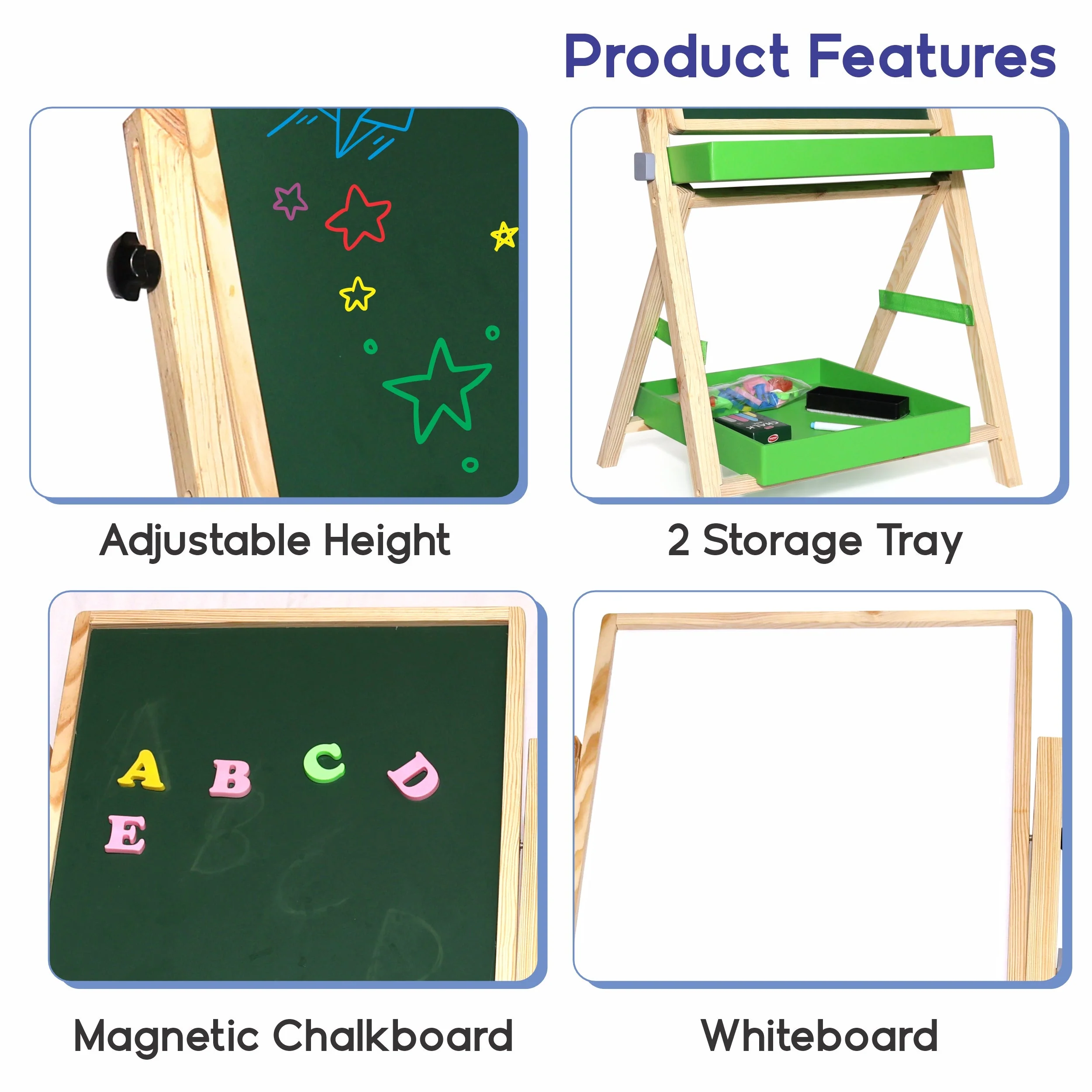 Chanak 2-in-1 Wooden Easel Board for Kids 3+ Years | Magnetic Whiteboard & Chalkboard with Alphabets & Numbers – BIS Approved - Image 4