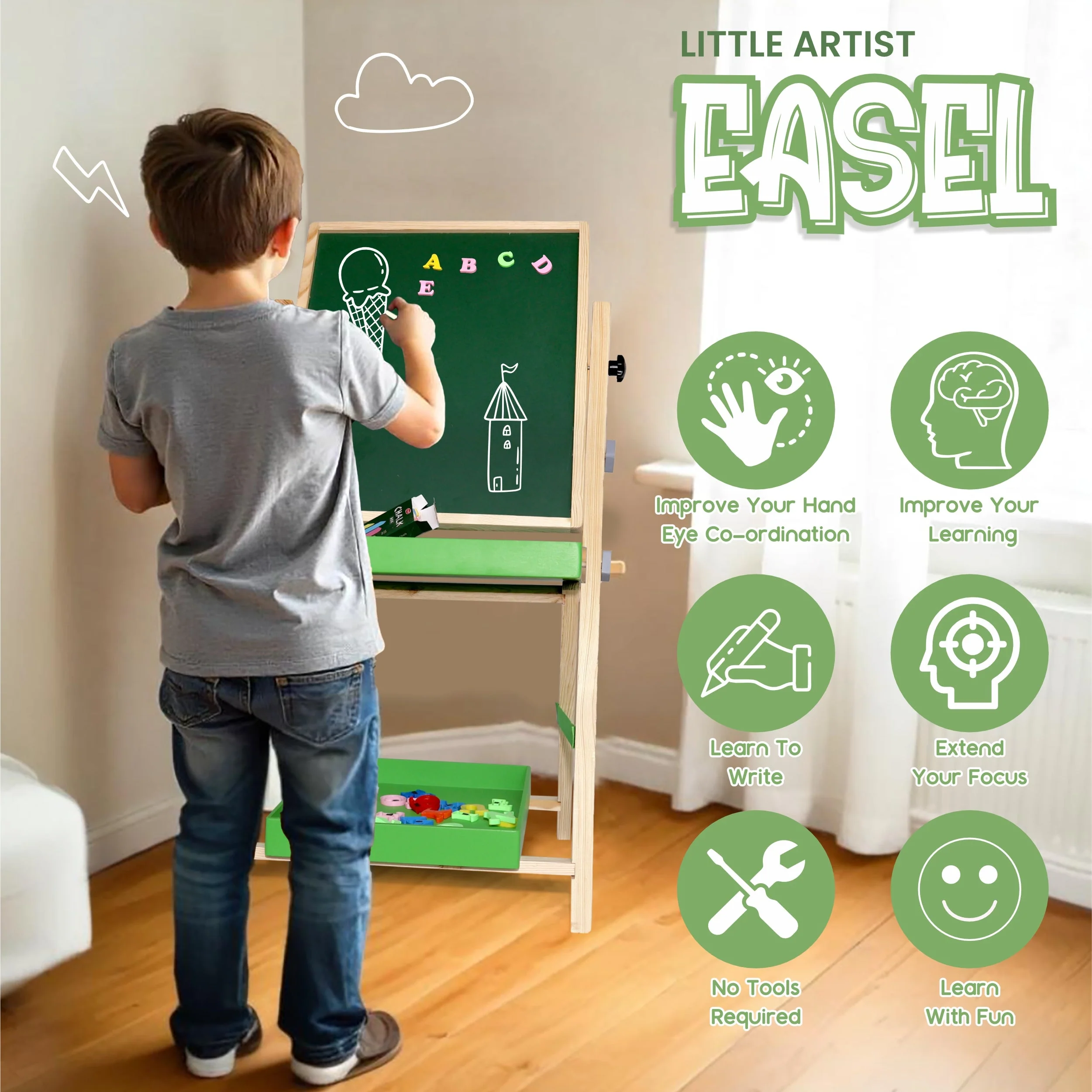 Chanak 2-in-1 Wooden Easel Board for Kids 3+ Years | Magnetic Whiteboard & Chalkboard with Alphabets & Numbers – BIS Approved - Image 8