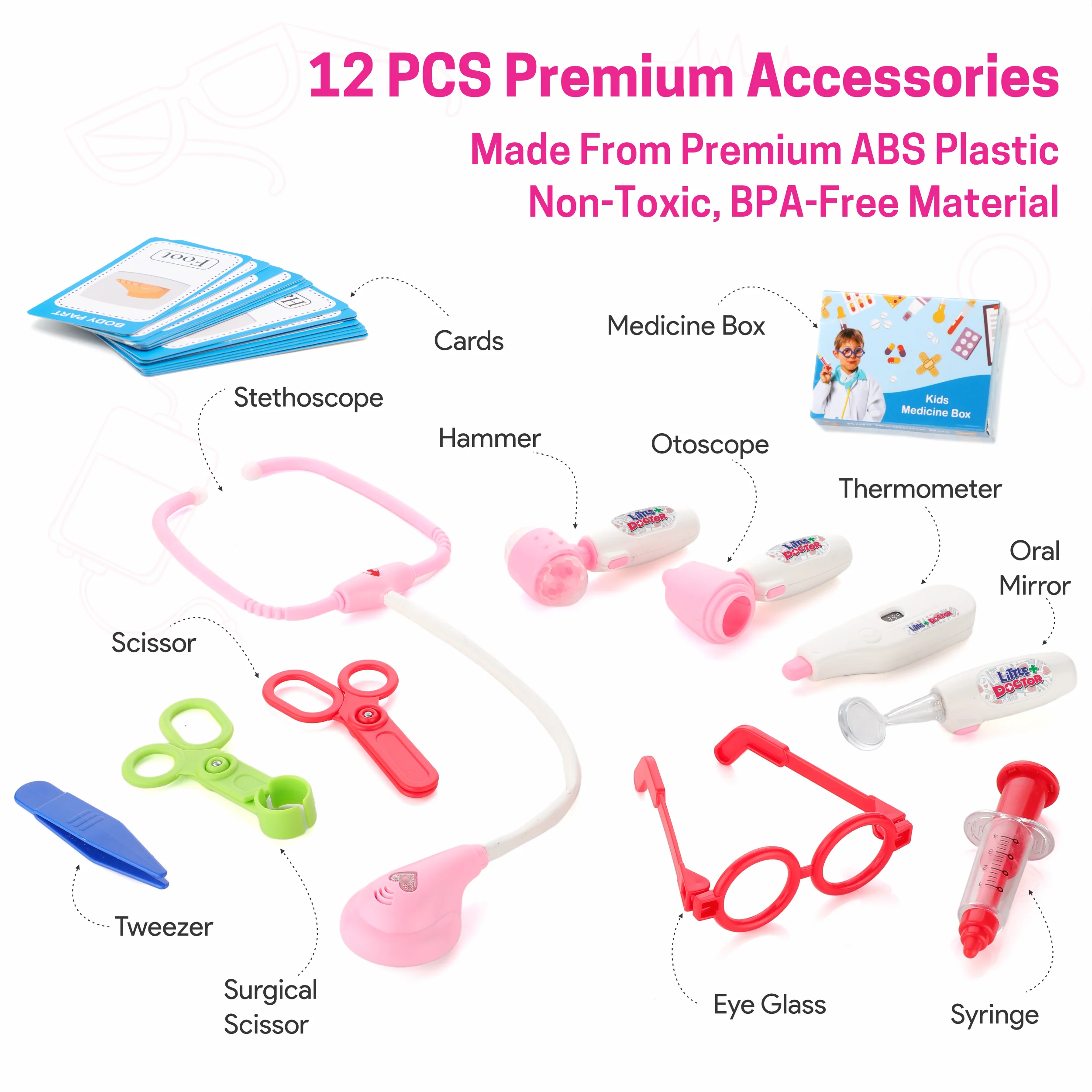 Chanak Doctor Kit for Kids 3+ Years | 13 Pc LED Instrument Set with Trolley – BIS Approved (Pink) - Image 3