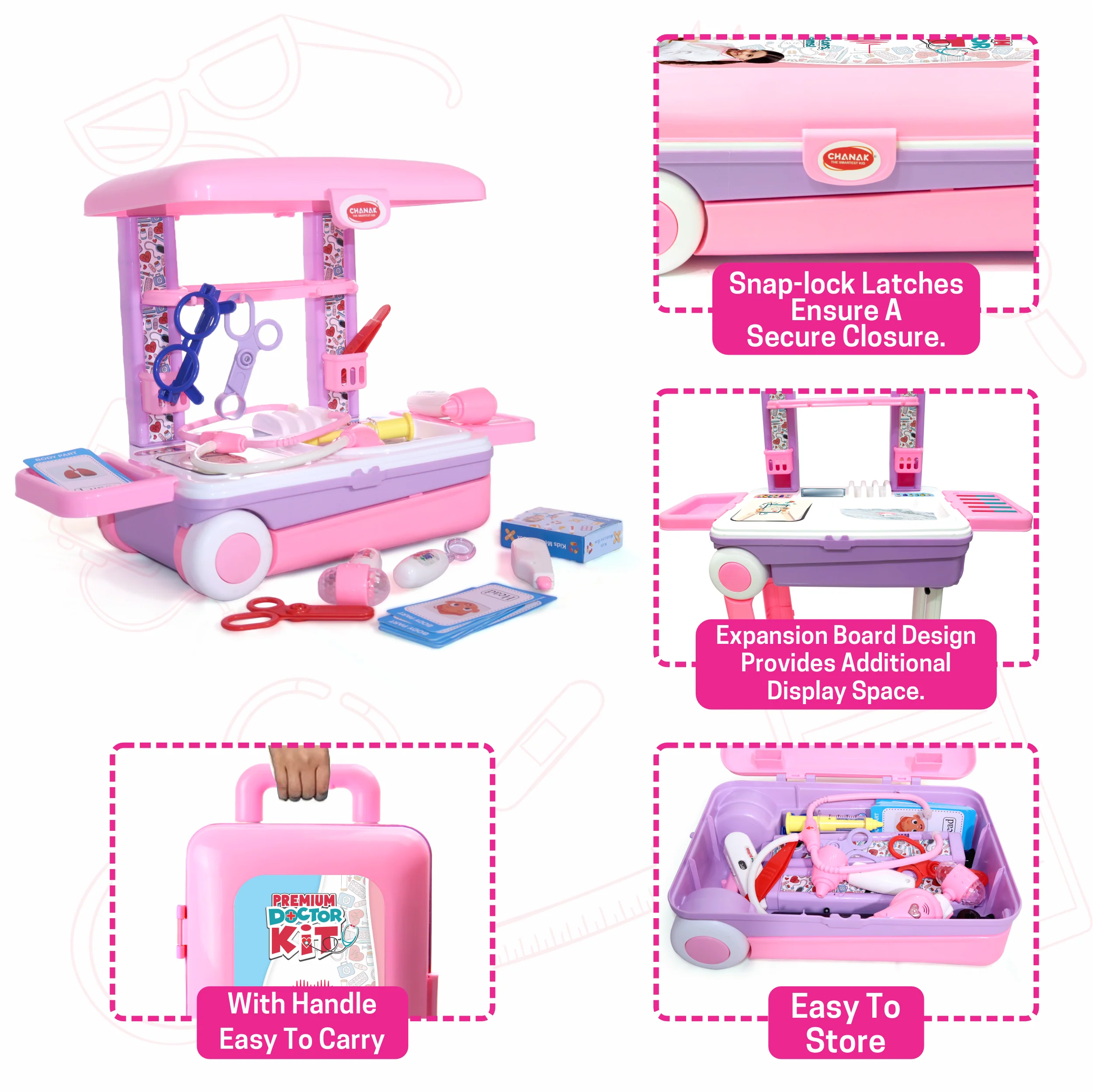 Chanak Doctor Kit for Kids 3+ Years | 13 Pc LED Instrument Set with Trolley – BIS Approved (Pink) - Image 5