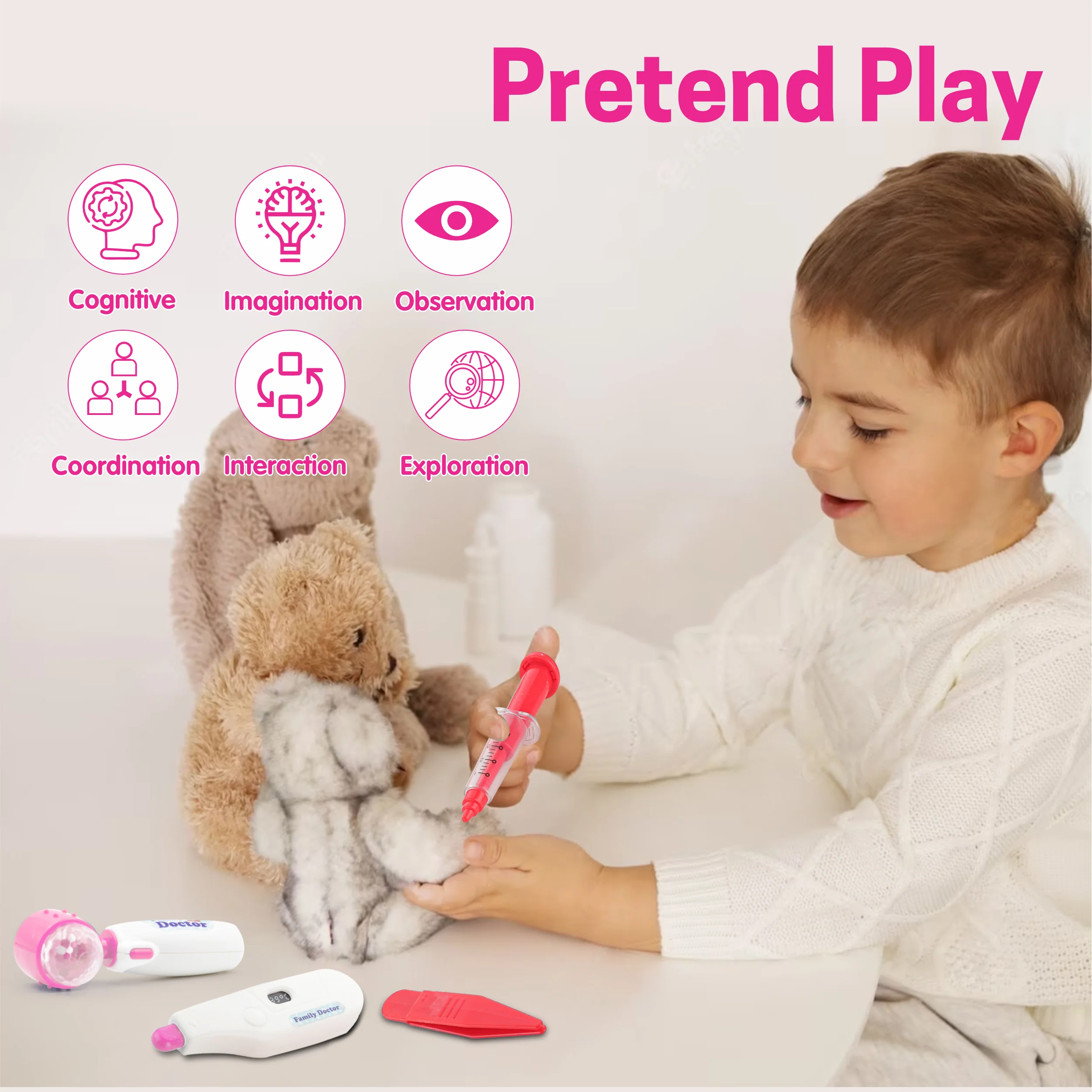 Chanak Doctor Kit for Kids 3+ Years | 13 Pc LED Instrument Set with Trolley – BIS Approved (Pink) - Image 7