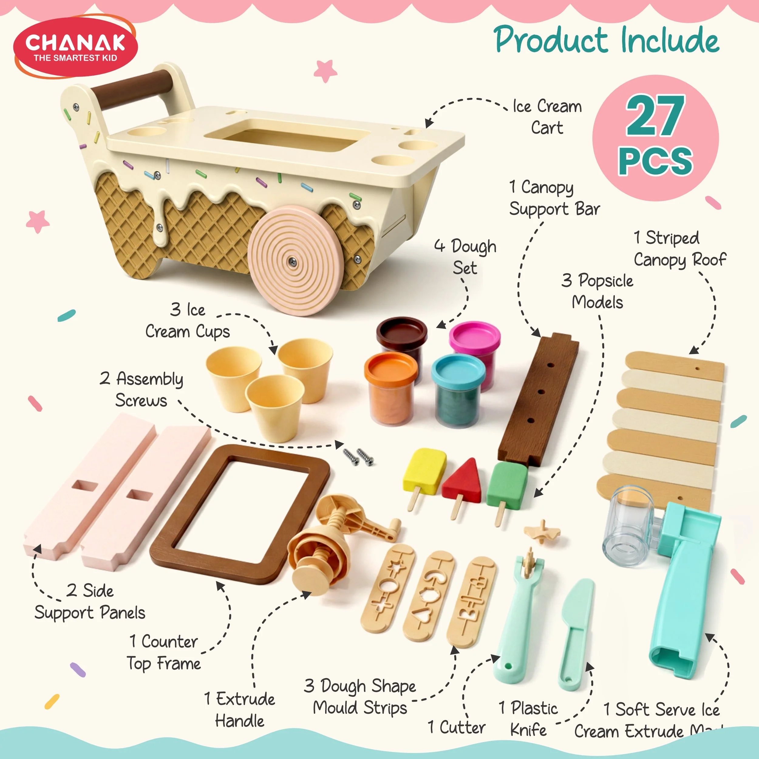 Chanak Wooden Ice Cream Cart Play Dough Set for Kids 3+ Years | Non-Toxic Clay Machine Montessori Pretend Play – BIS Approved - Image 2