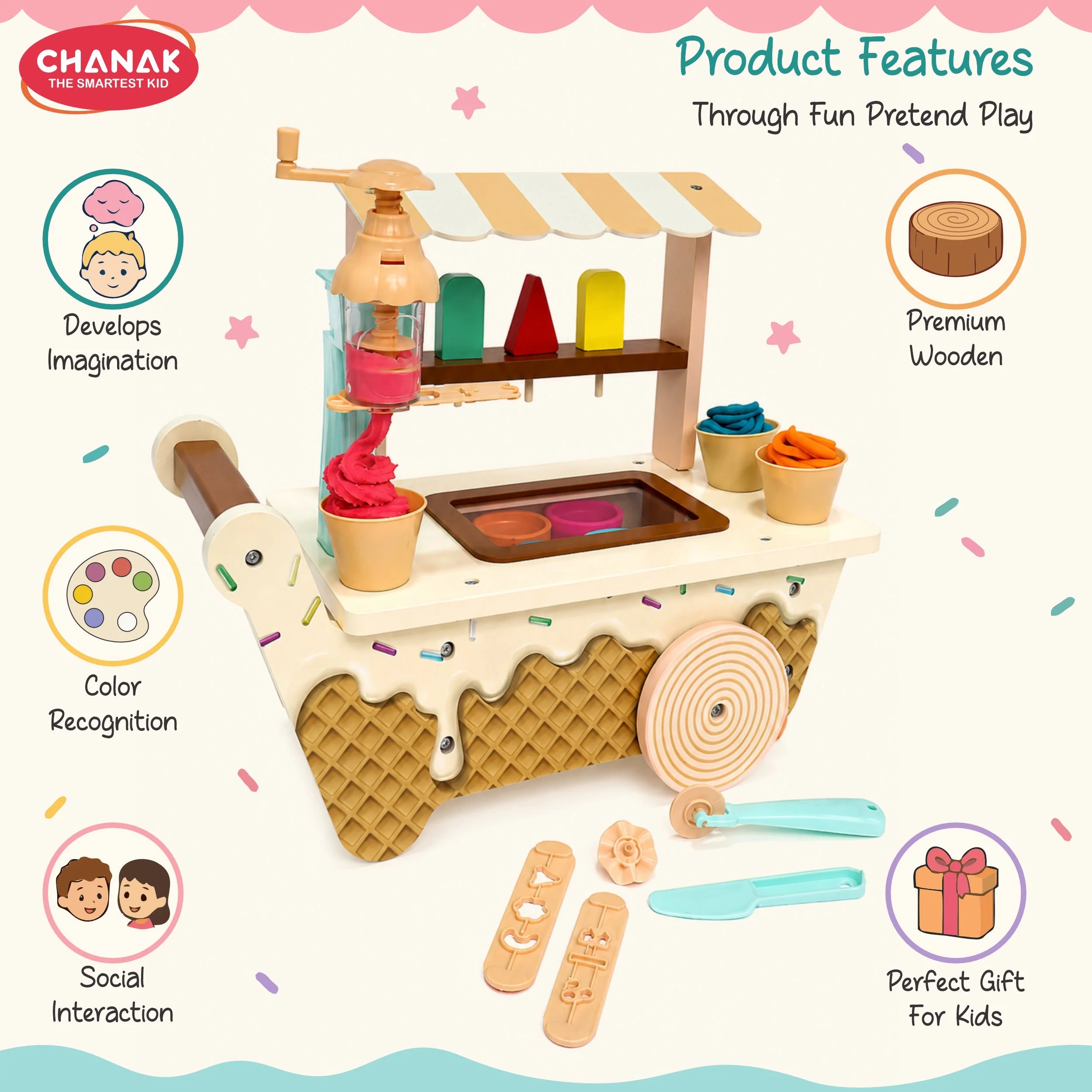 Chanak Wooden Ice Cream Cart Play Dough Set for Kids 3+ Years | Non-Toxic Clay Machine Montessori Pretend Play – BIS Approved - Image 4