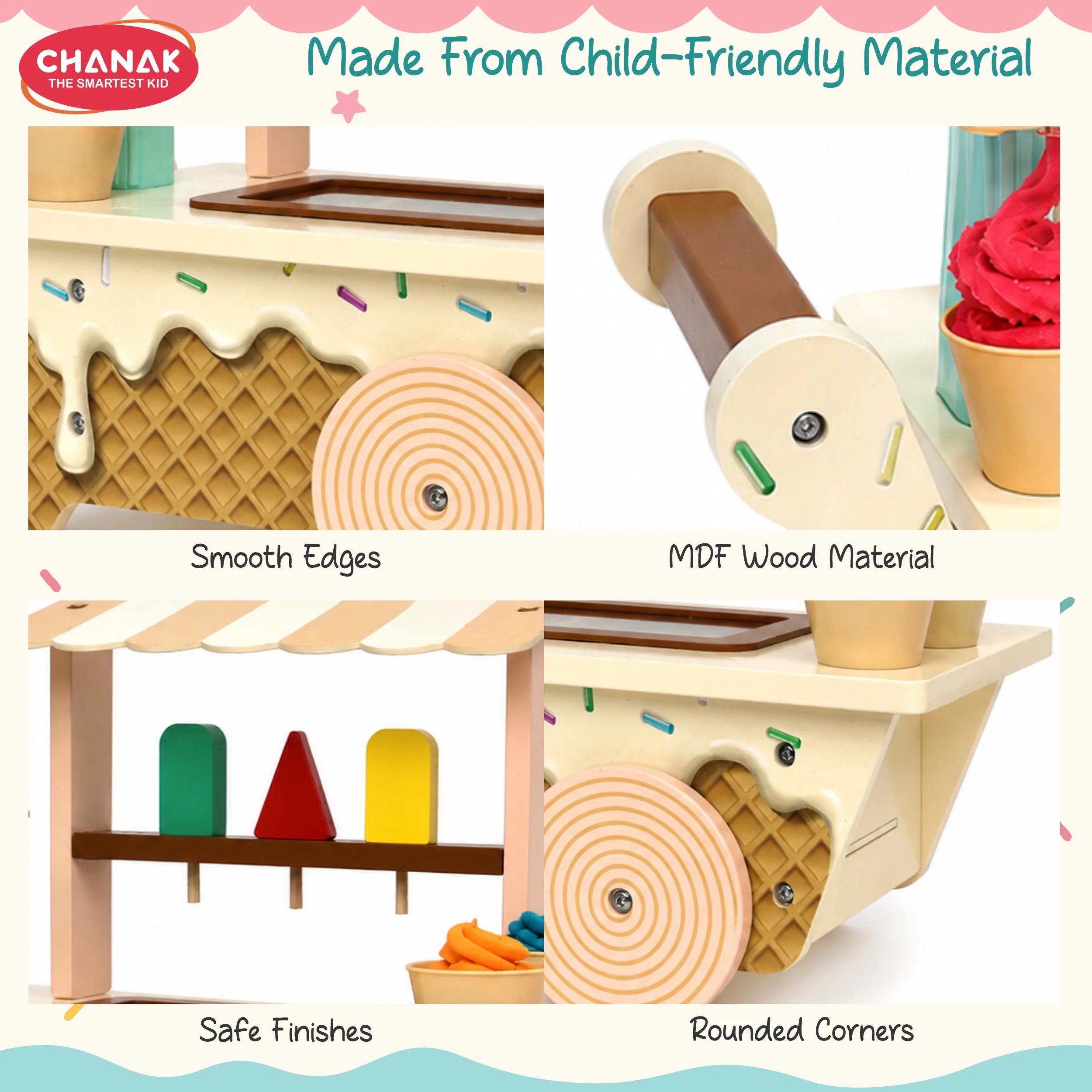 Chanak Wooden Ice Cream Cart Play Dough Set for Kids 3+ Years | Non-Toxic Clay Machine Montessori Pretend Play – BIS Approved - Image 6