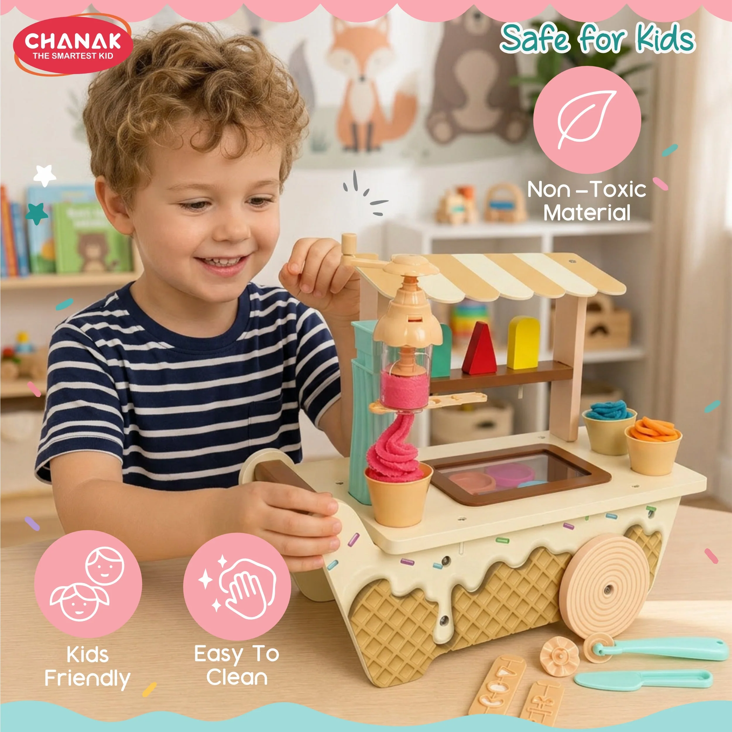 Chanak Wooden Ice Cream Cart Play Dough Set for Kids 3+ Years | Non-Toxic Clay Machine Montessori Pretend Play – BIS Approved - Image 8