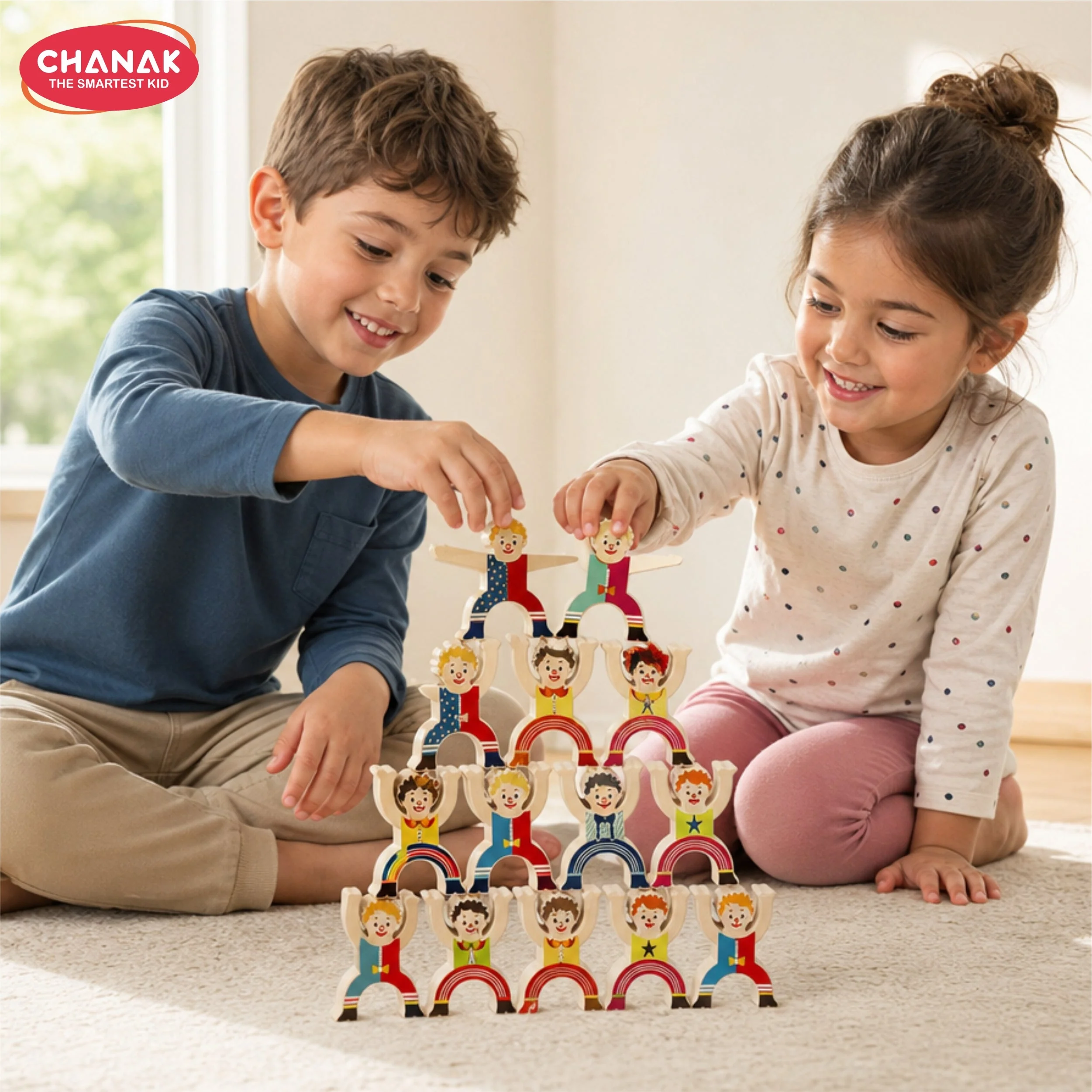 Chanak Wooden Human Balancing Toy for Kids 3+ Years | 16 Pcs Montessori Circus Clown Stacking Tower Game – BIS Approved