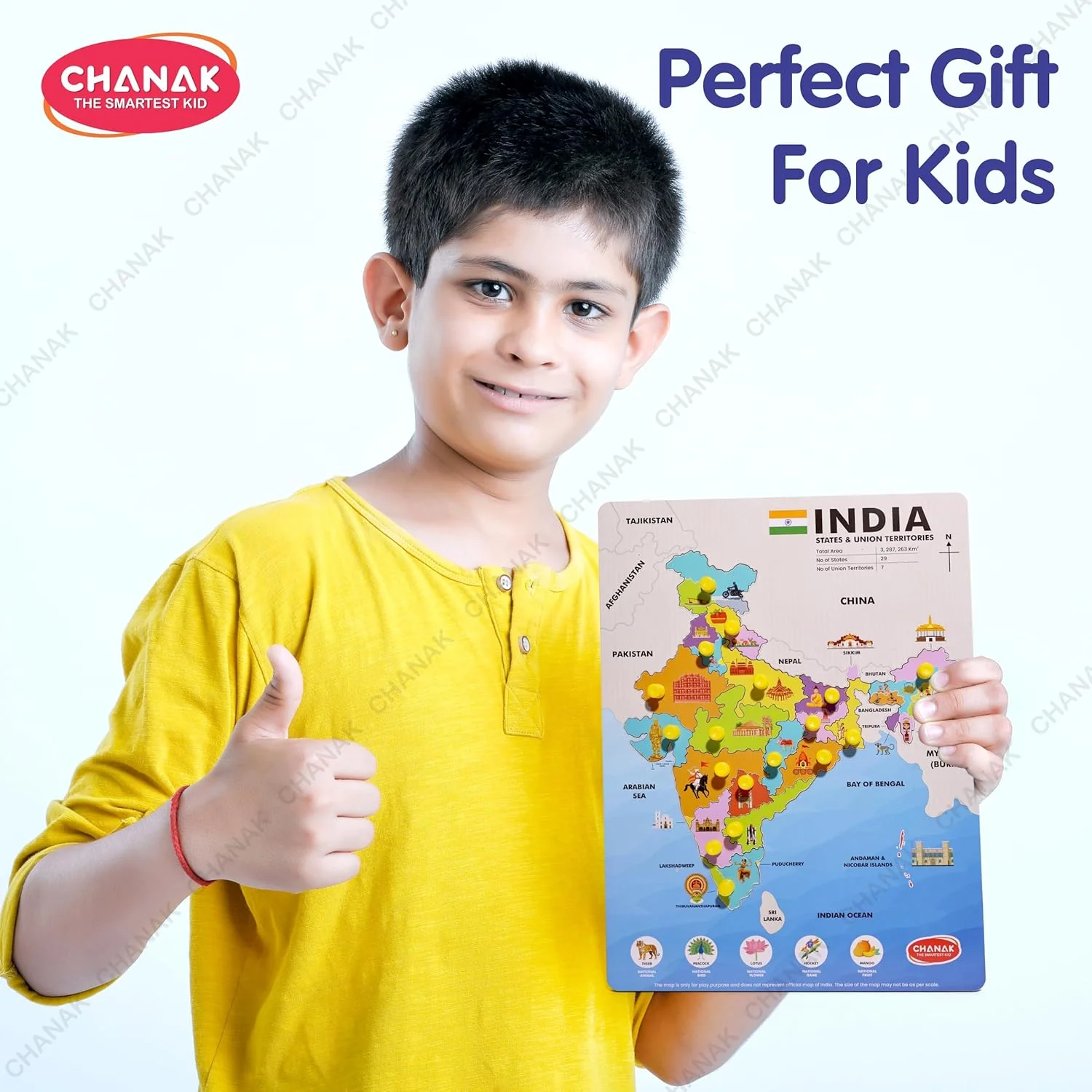 Chanak Wooden India Map Puzzle for Kids 2+ Years | 18 Pc States Montessori Learning Board – BIS Approved - Image 3