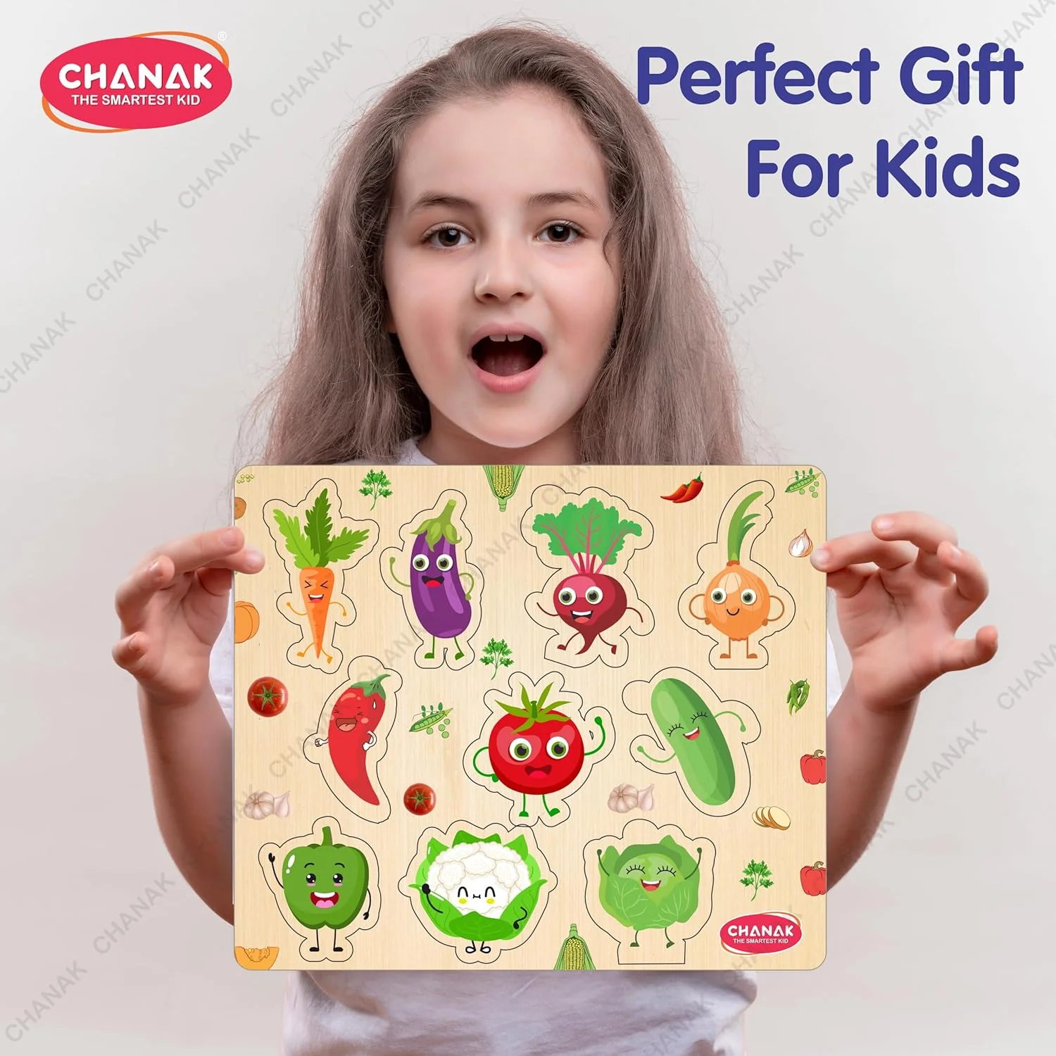Chanak Wooden Vegetable Puzzle for Kids 2+ Years | 10 Pc Montessori Learning Board with Pictures – BIS Approved - Image 2