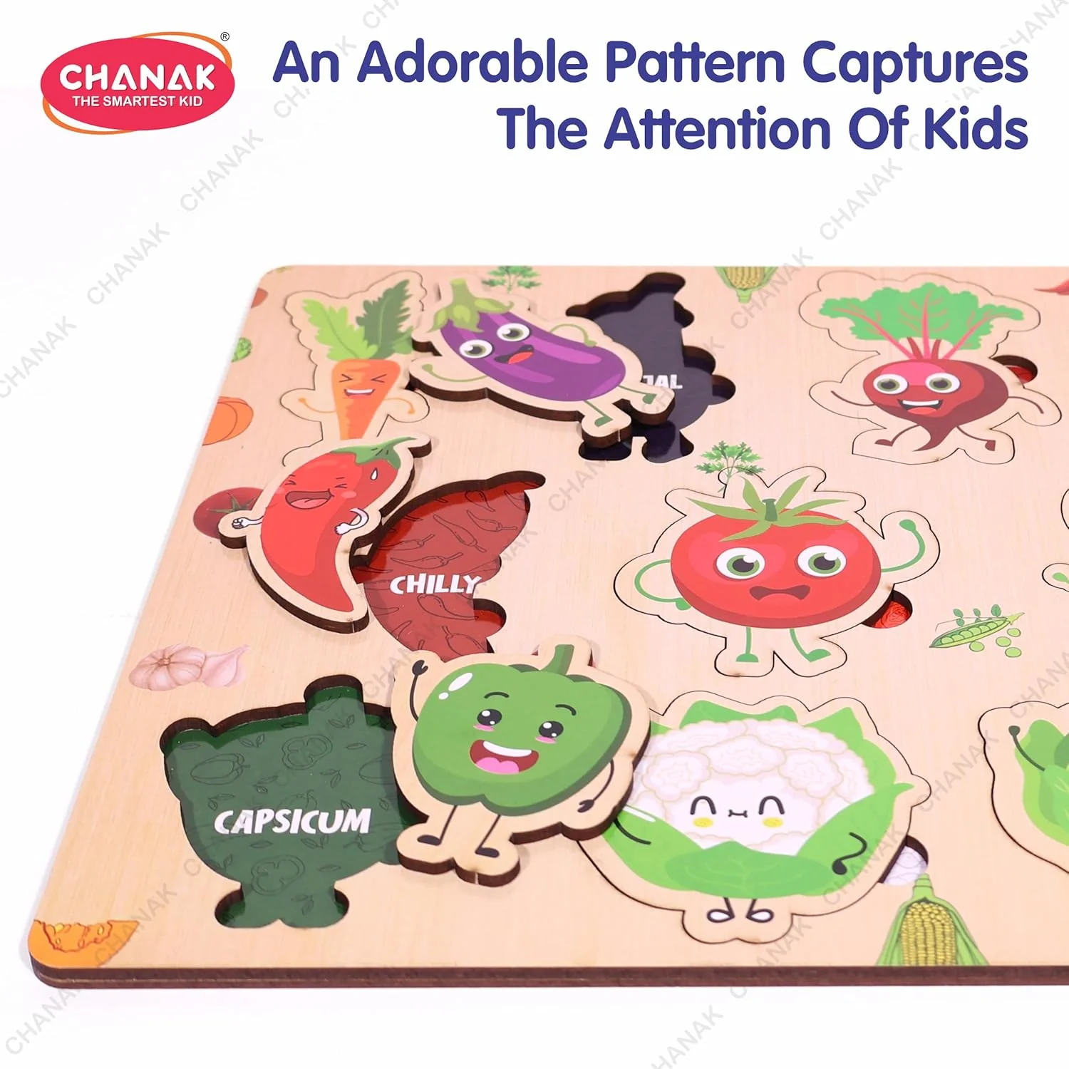 Chanak Wooden Vegetable Puzzle for Kids 2+ Years | 10 Pc Montessori Learning Board with Pictures – BIS Approved - Image 6