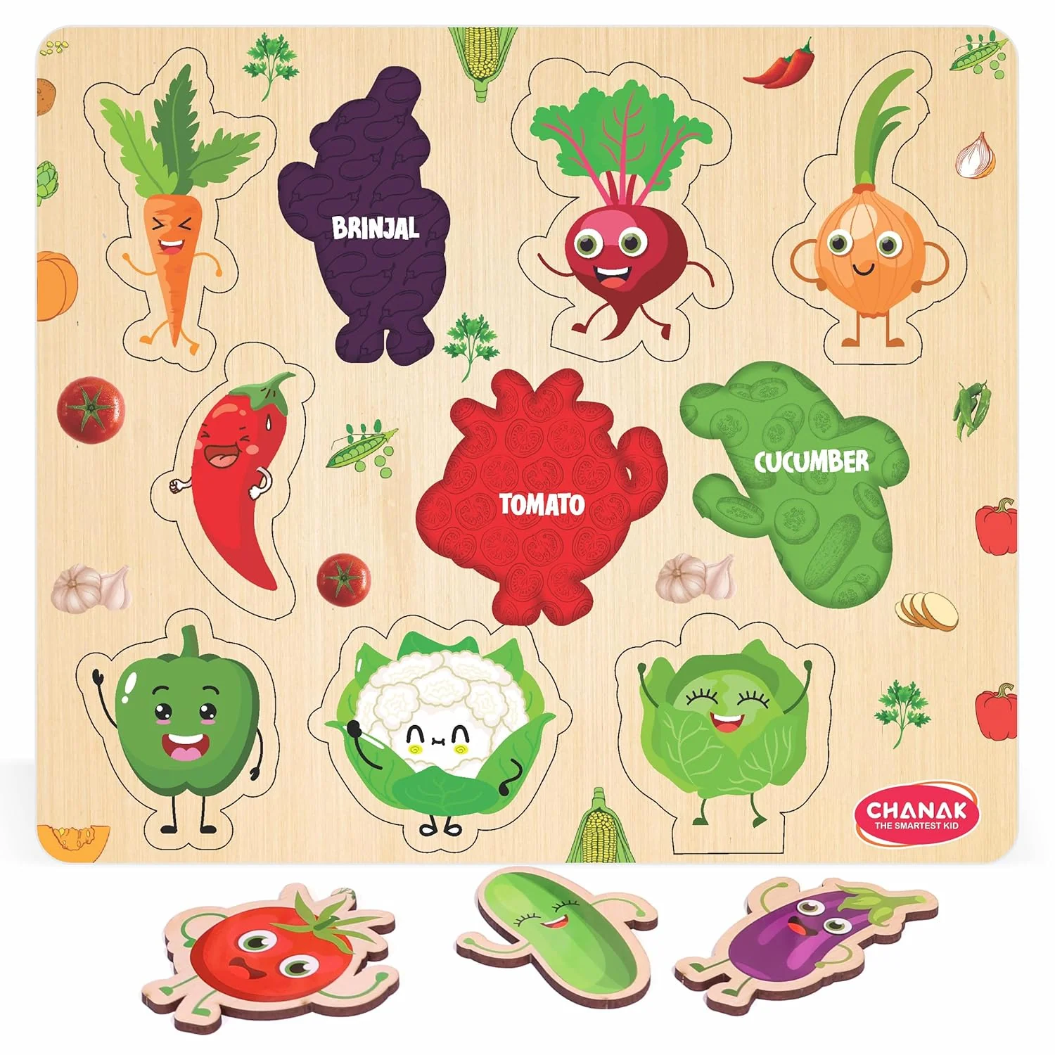 Chanak Wooden Vegetable Puzzle for Kids 2+ Years | 10 Pc Montessori Learning Board with Pictures – BIS Approved - Image 7